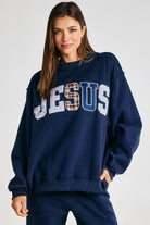 Jesus Navy mock embroidered sweatshirt from BUCKET LIST's 137 Graphic Sweatshirts collection, featuring a detailed Jesus graphic design.