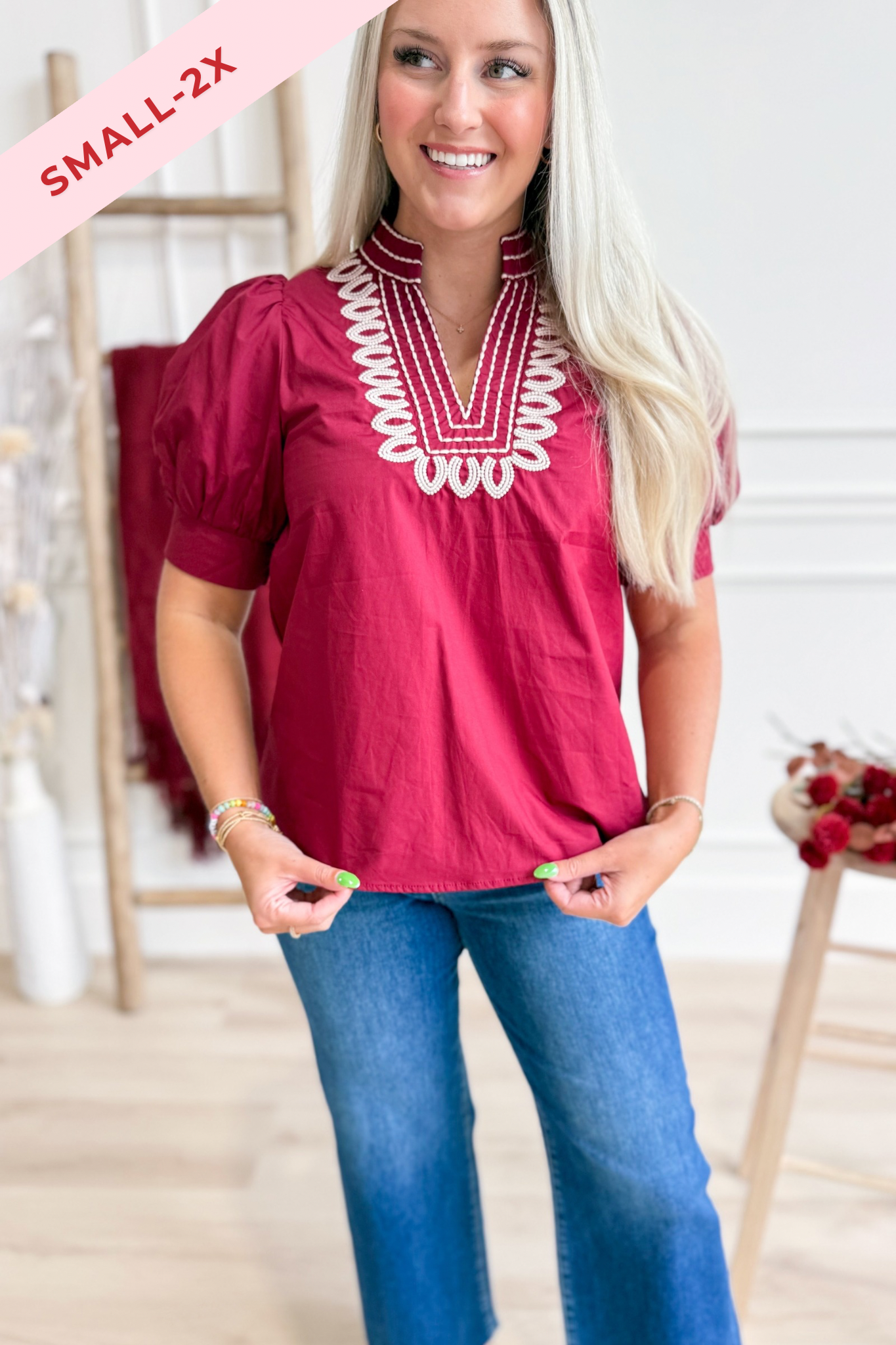 Savannah Puff Sleeve Embroidered Top - Be You Boutique