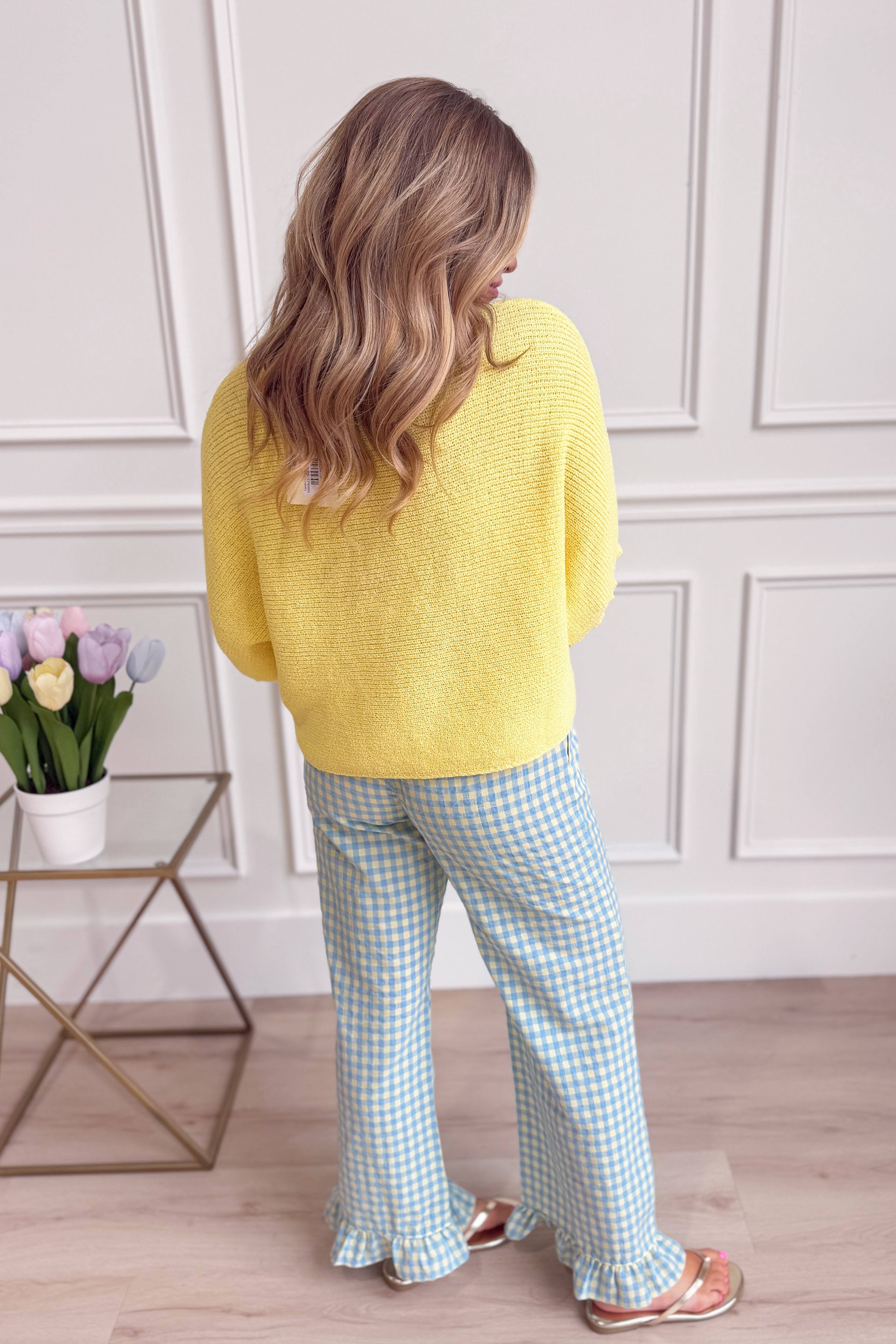Candice Lemon knit spring top from ENTRO, casual 105 top with a textured yellow design, perfect for warm-weather outfits.