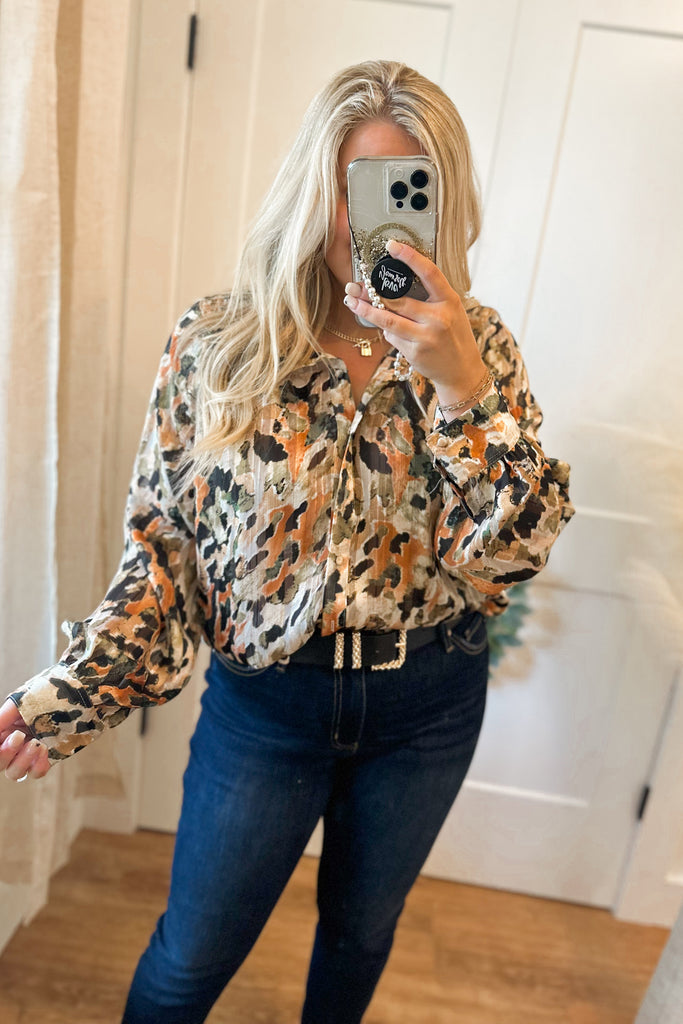 Bentley Water Color Printed Button Down Blouse Top - Be You Boutique