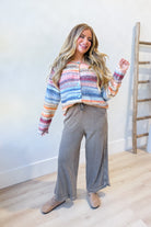 Susie multi-striped long sleeve cardigan from TWENTIFOURTH, featuring colorful fall sweater design with ribbed cuffs and hem.