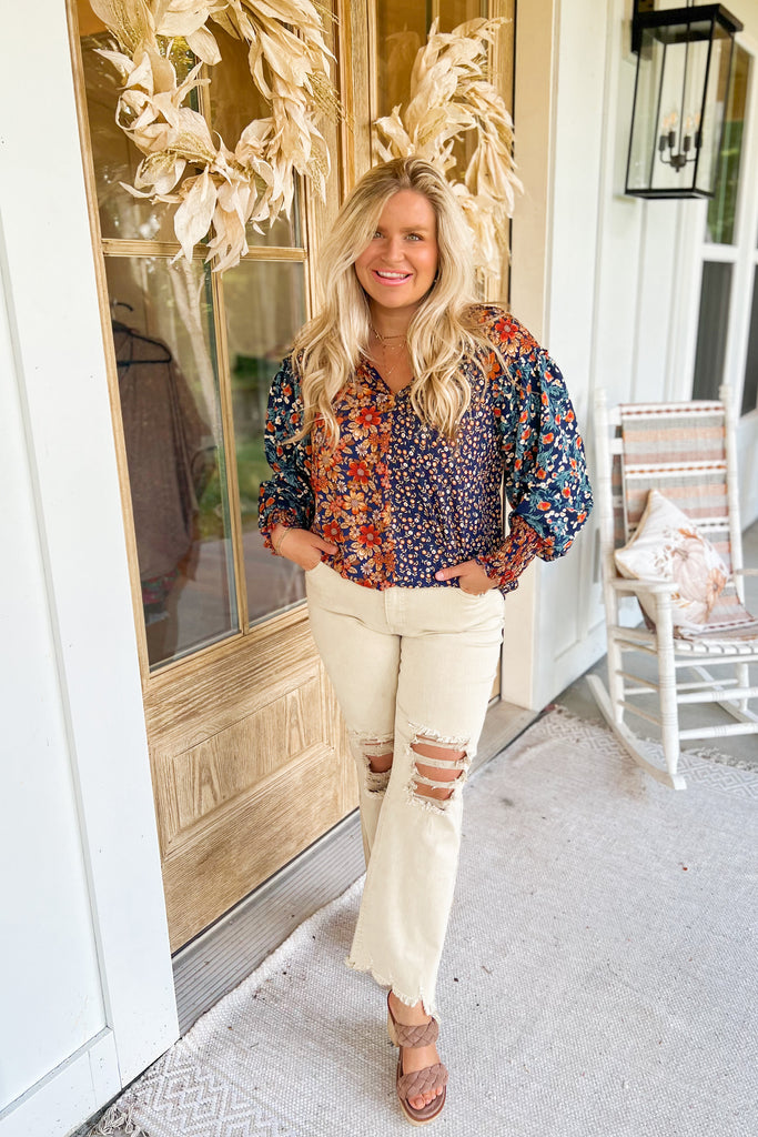 Hudson Floral Print Split Neck Top with High Low Hem - Be You Boutique