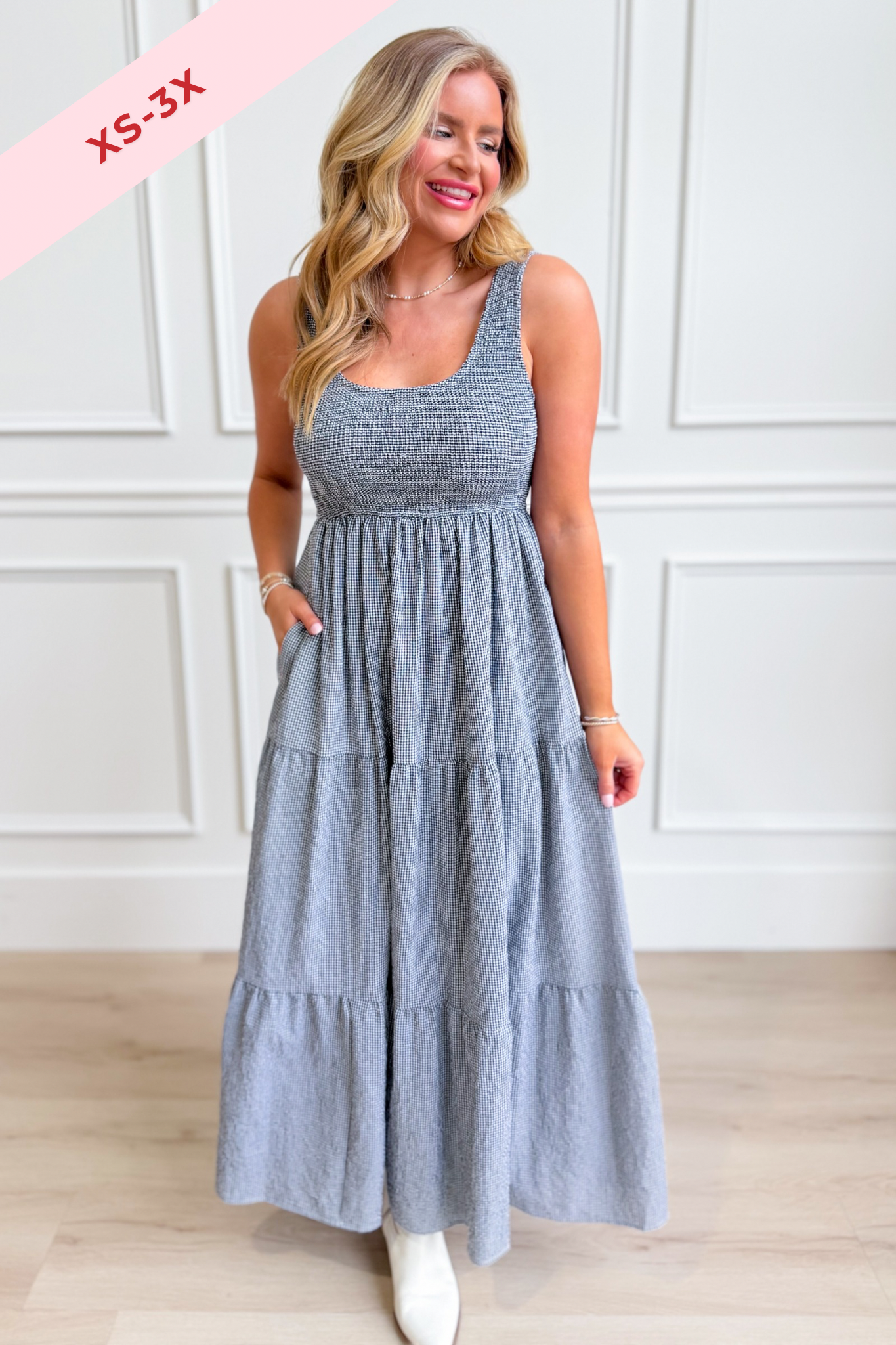 Baevely Painter Gingham Midi Dress with a fitted waist and short sleeves, featuring a classic black and white gingham pattern.