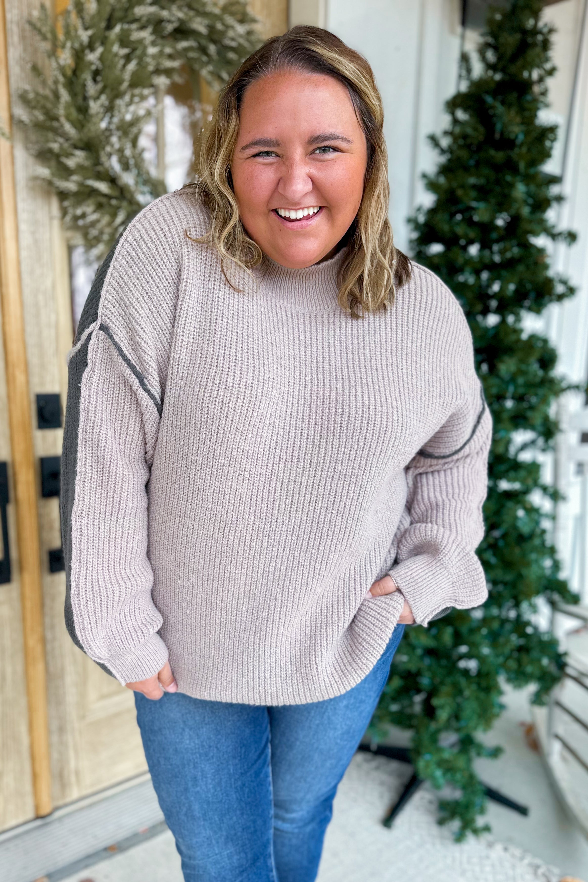Molly Exposed Seam Colorblock Mock Neck Pullover Sweater [S-3X] - Be You Boutique