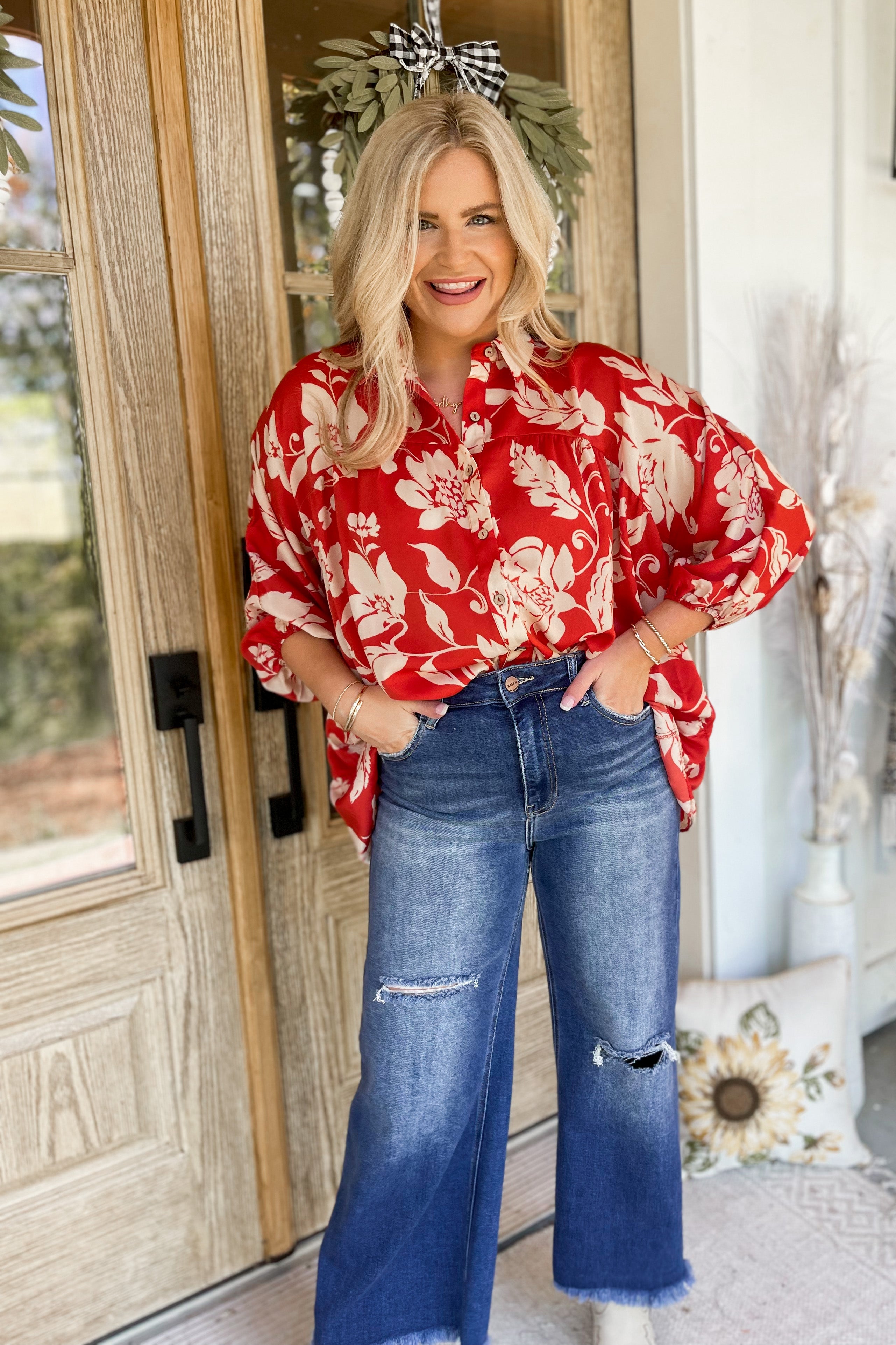 Gentry Printed Mirabelle Satin Long Sleeve Blouse [S-3X] - Be You Boutique