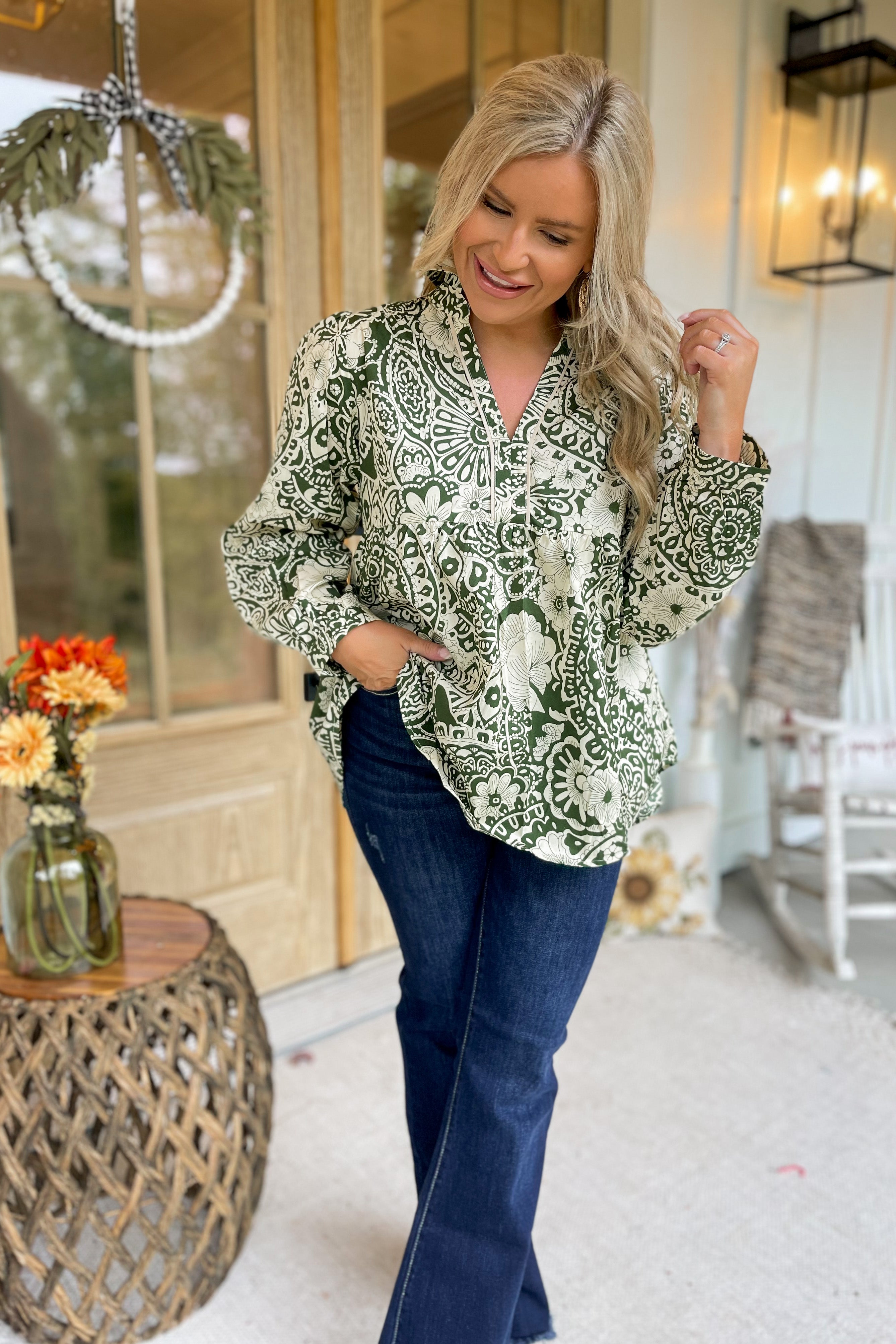 Burke Mixed Print Babydoll V Notch Collared Long Sleeve Top - Be You Boutique