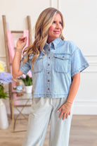 WISHLIST Oscar collared denim button-up top, casual 105 style, featuring a classic collar and front buttons, in a medium wash denim.