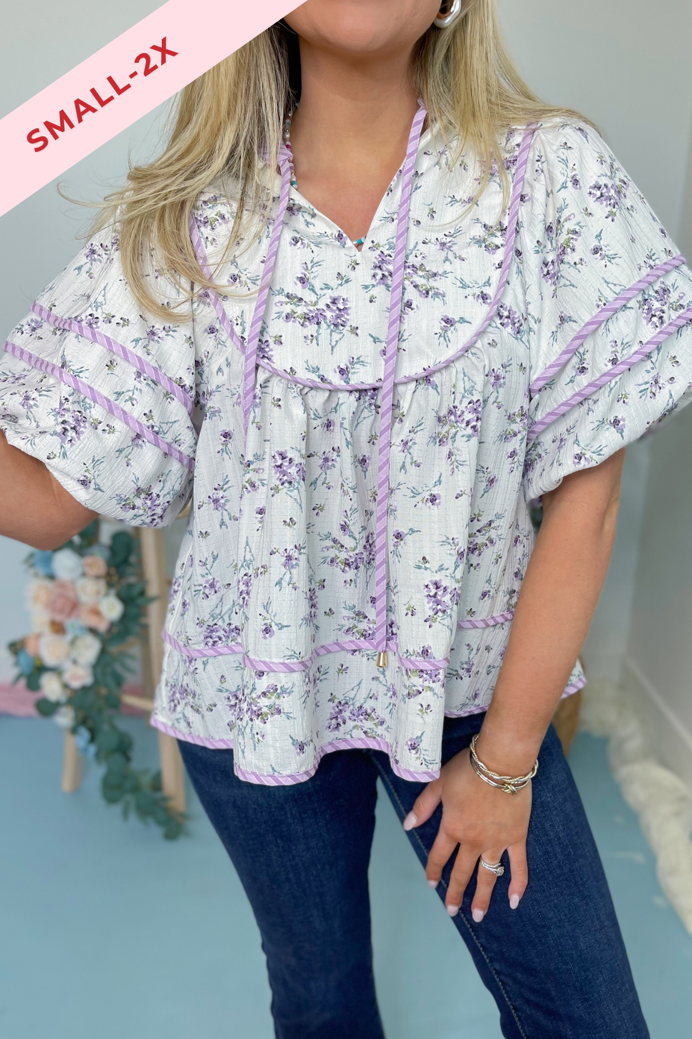 Melissa Floral Solid Trim Top - Be You Boutique