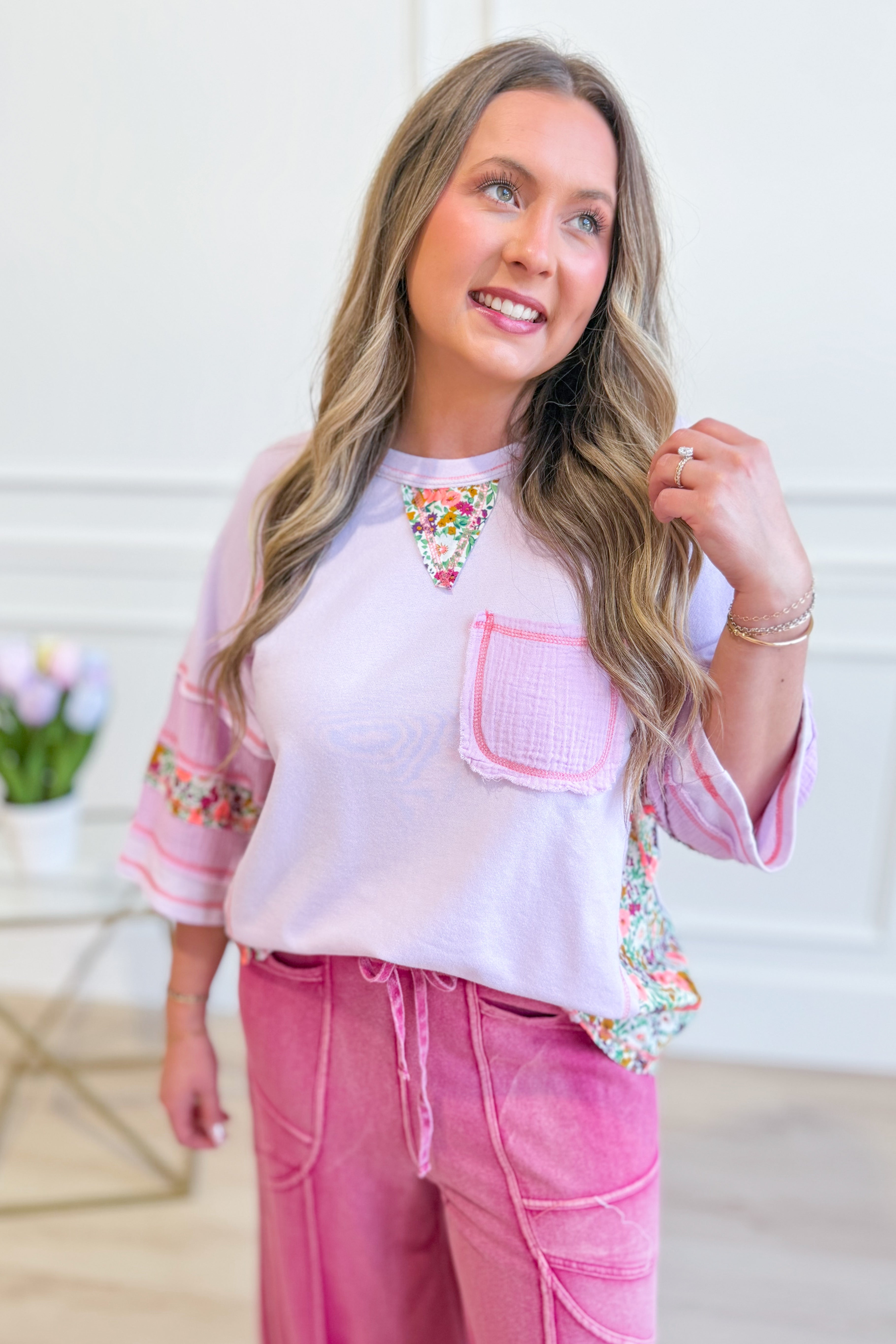 EASEL Onieda Mixed Print Half Sleeve Top from the 105 Casual Tops collection, stylish with a vibrant pattern and comfortable fit.