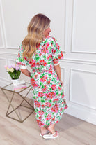 ENTRO Kristy floral printed short sleeve dress featuring a vibrant floral pattern and a comfortable, stylish fit.