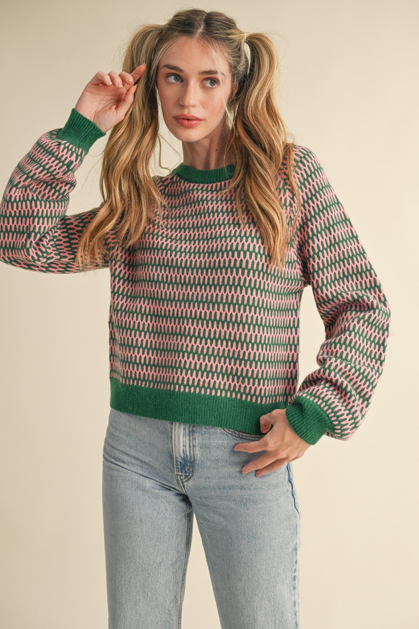 Bethany Geometric Stripe Puff Sleeve Sweater - Be You Boutique