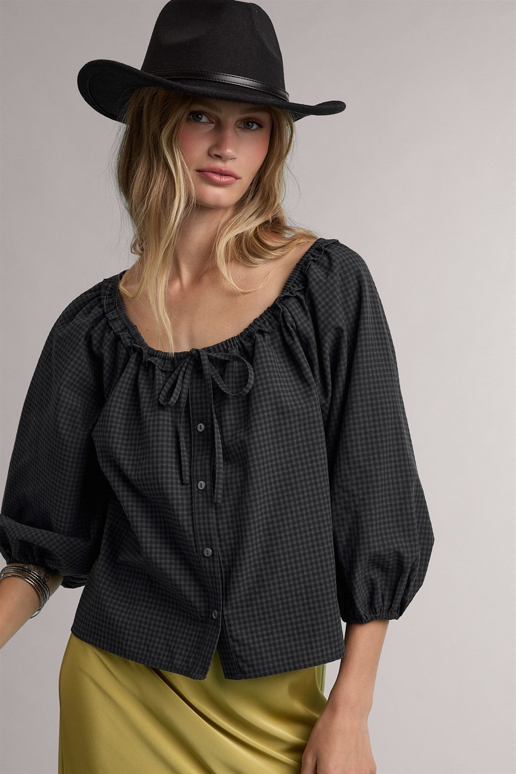Taylor Navy Gingham Peasant Blouse by Wishlist, a stylish navy and white gingham dressy top with a peasant style and relaxed fit.