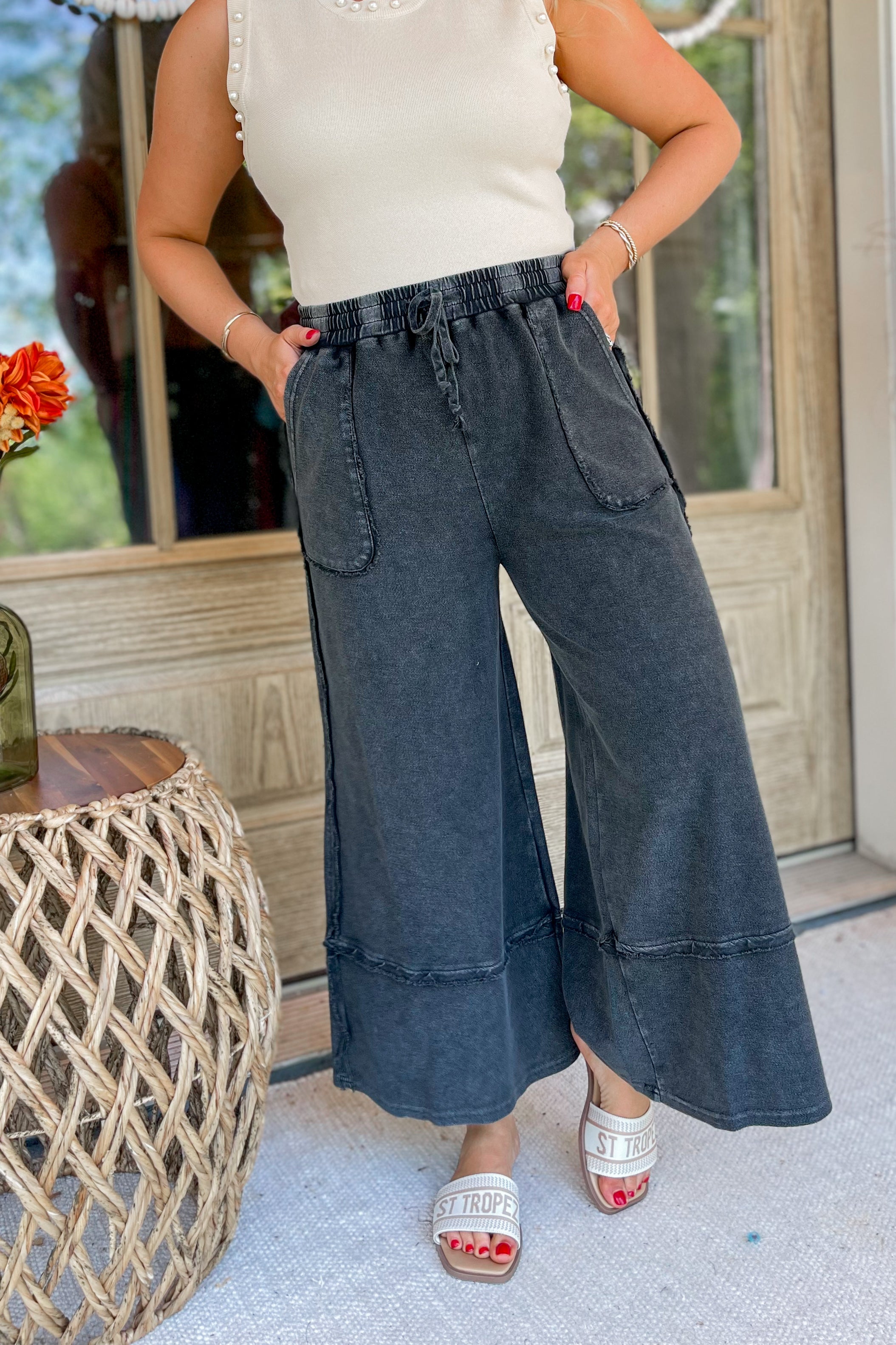 Caris Mineral Washed Upside Down Terry Knit Wide Leg Palazzo Pants - Be You Boutique