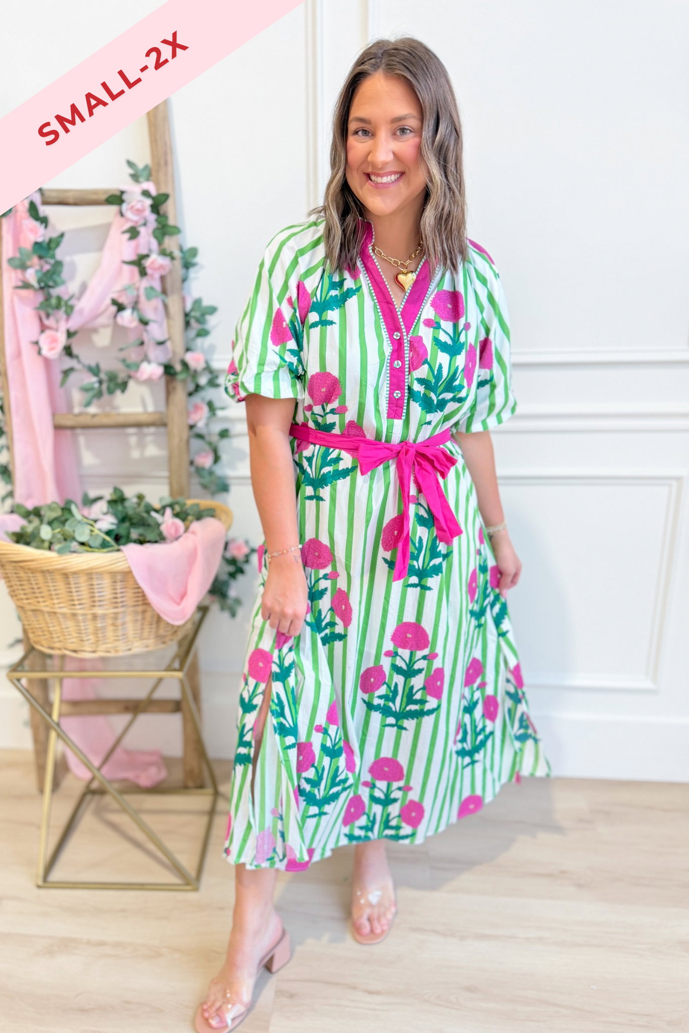 Lauren Striped Floral Pattern Midi Dress - Be You Boutique