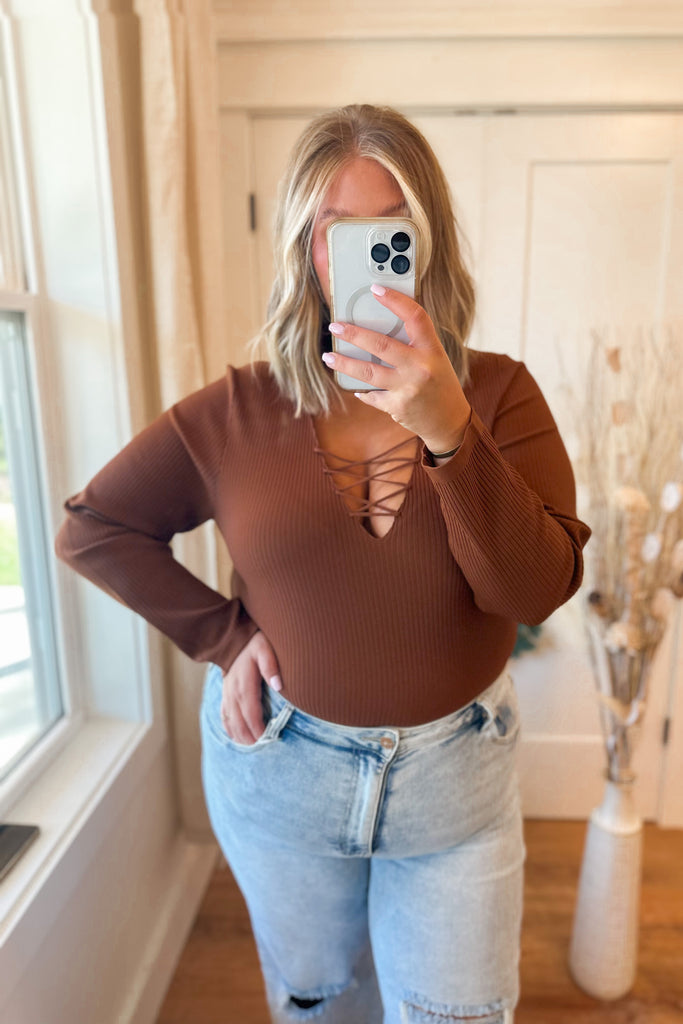 Kayce Ribbed Lace-up Long Sleeve Bodysuit Sweater - Be You Boutique