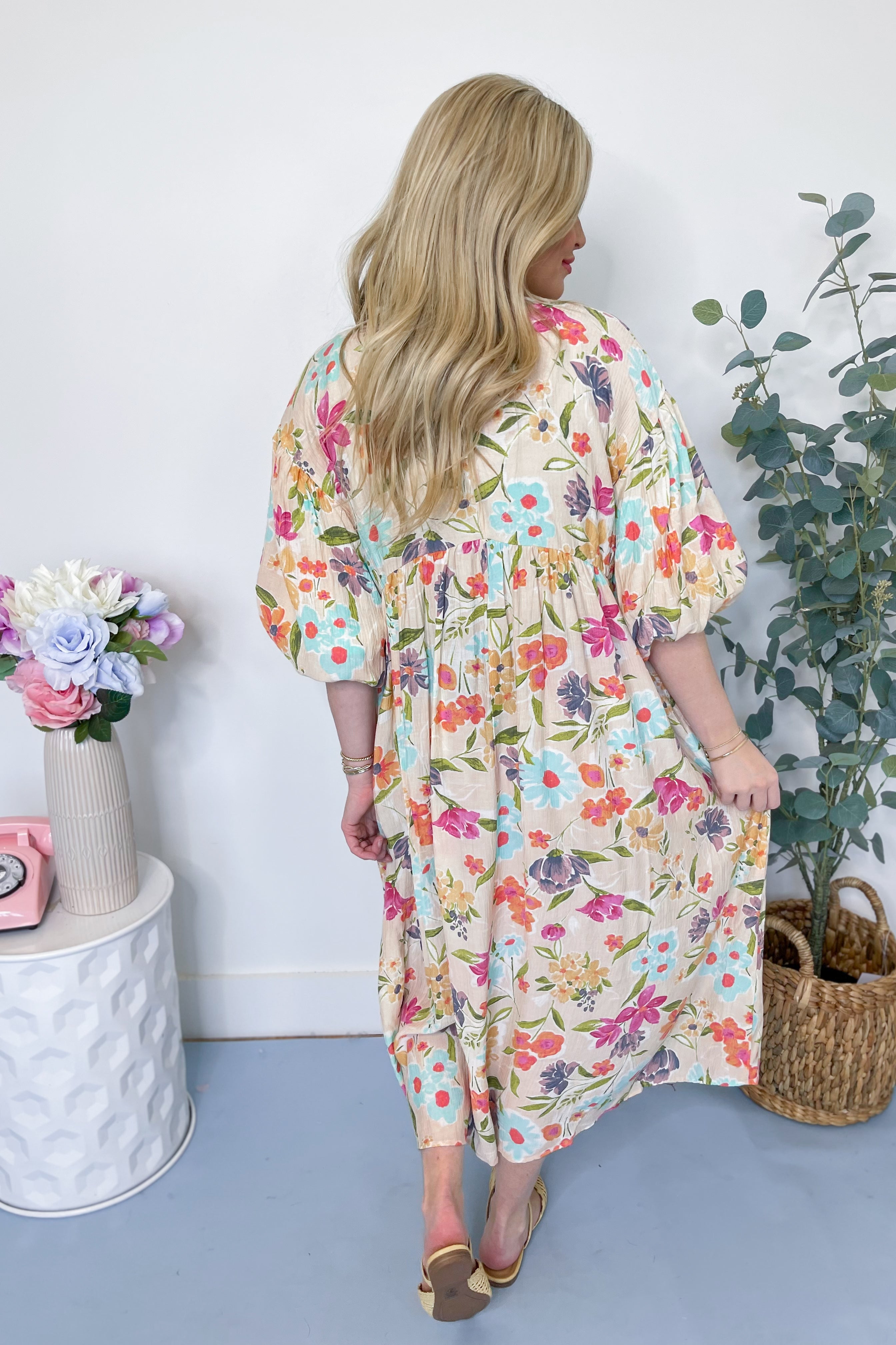 Serena Blossom Print Bubble Sleeve Maxi Dress - Be You Boutique