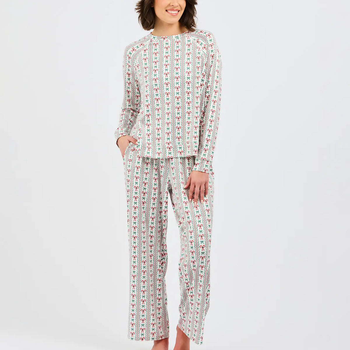 Mary Square Annie Peppermint Twist Pajama Set with 156-pattern pants featuring cheerful peppermint design.