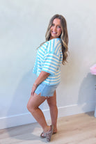 Lauren blue striped button-down cardigan top from BAEVELY, featuring a relaxed fit and spring-ready sweater style.
