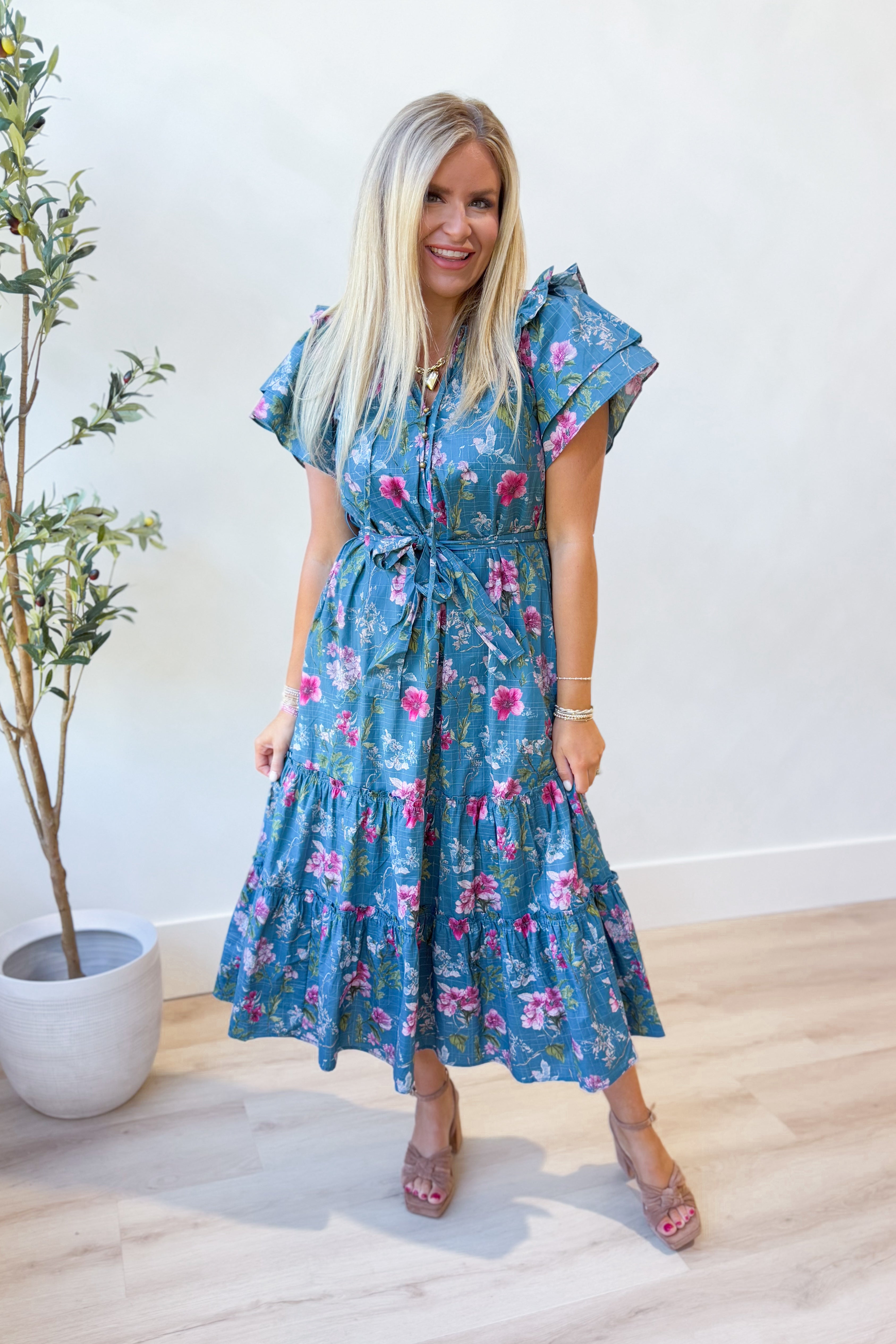 Katherine Floral Flutter Sleeve Dress - Be You Boutique