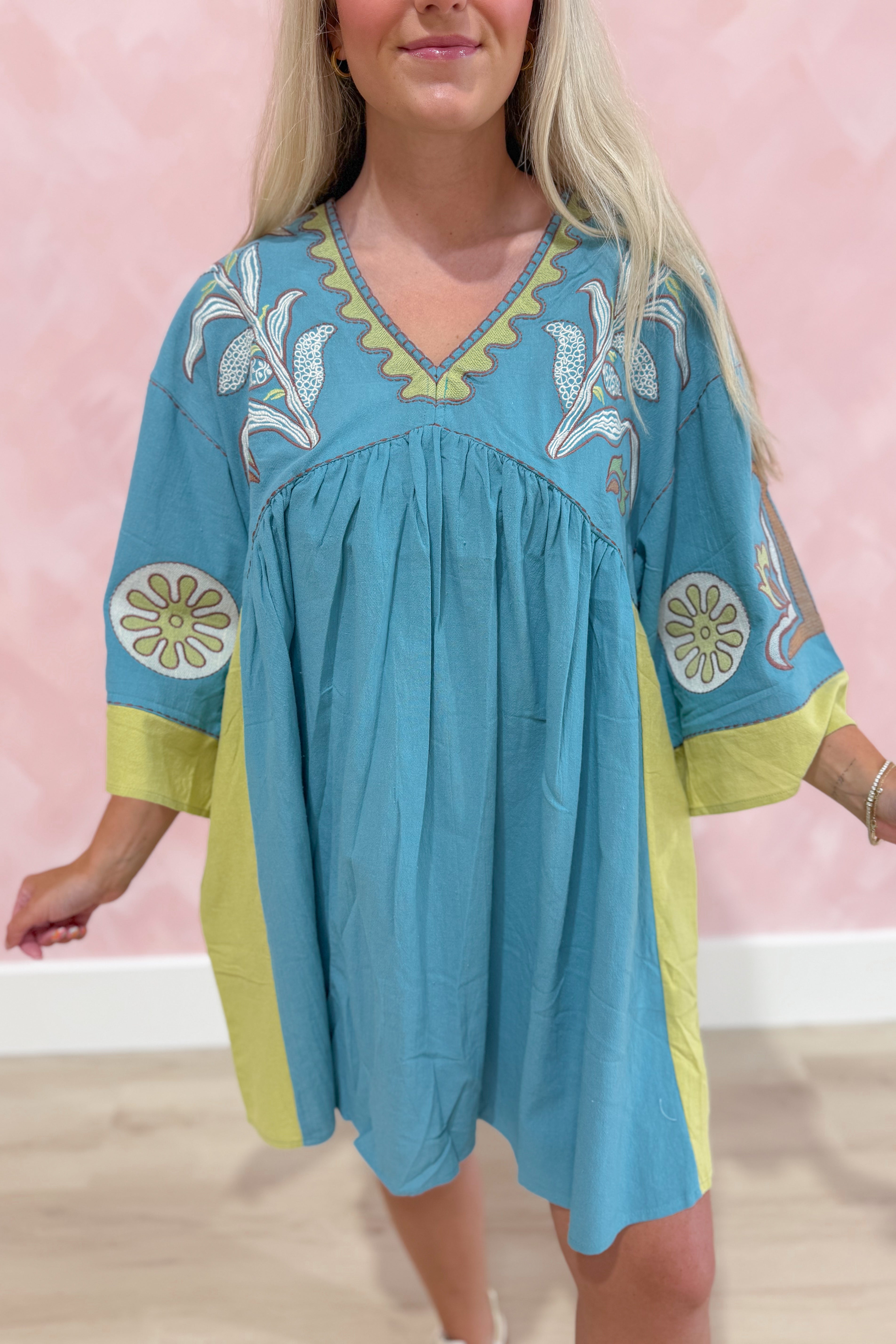 Tucker Embroidered 3/4 Sleeve Dress - Be You Boutique