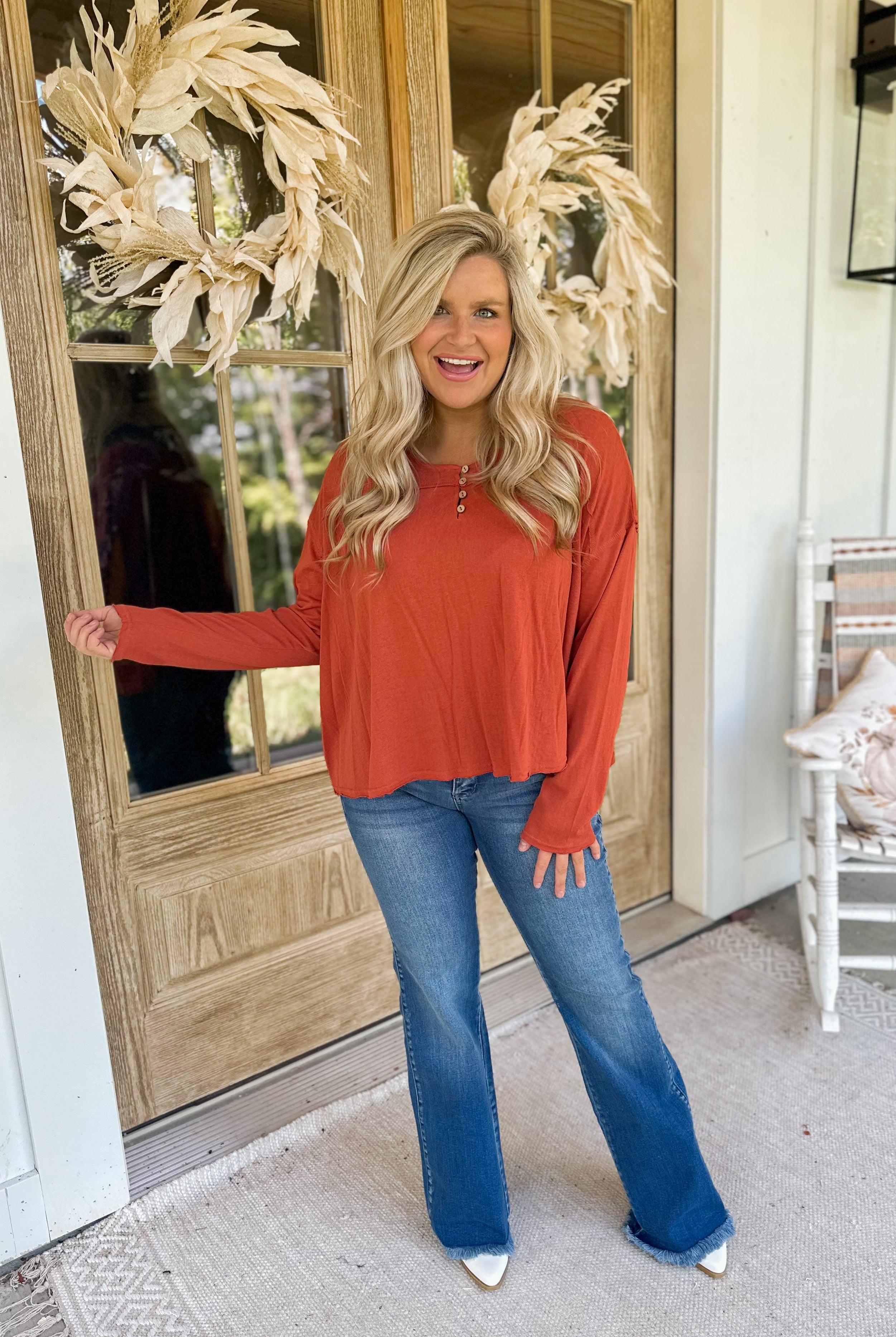 Rusty Loose Fit Henley Long Sleeve Top - Be You Boutique