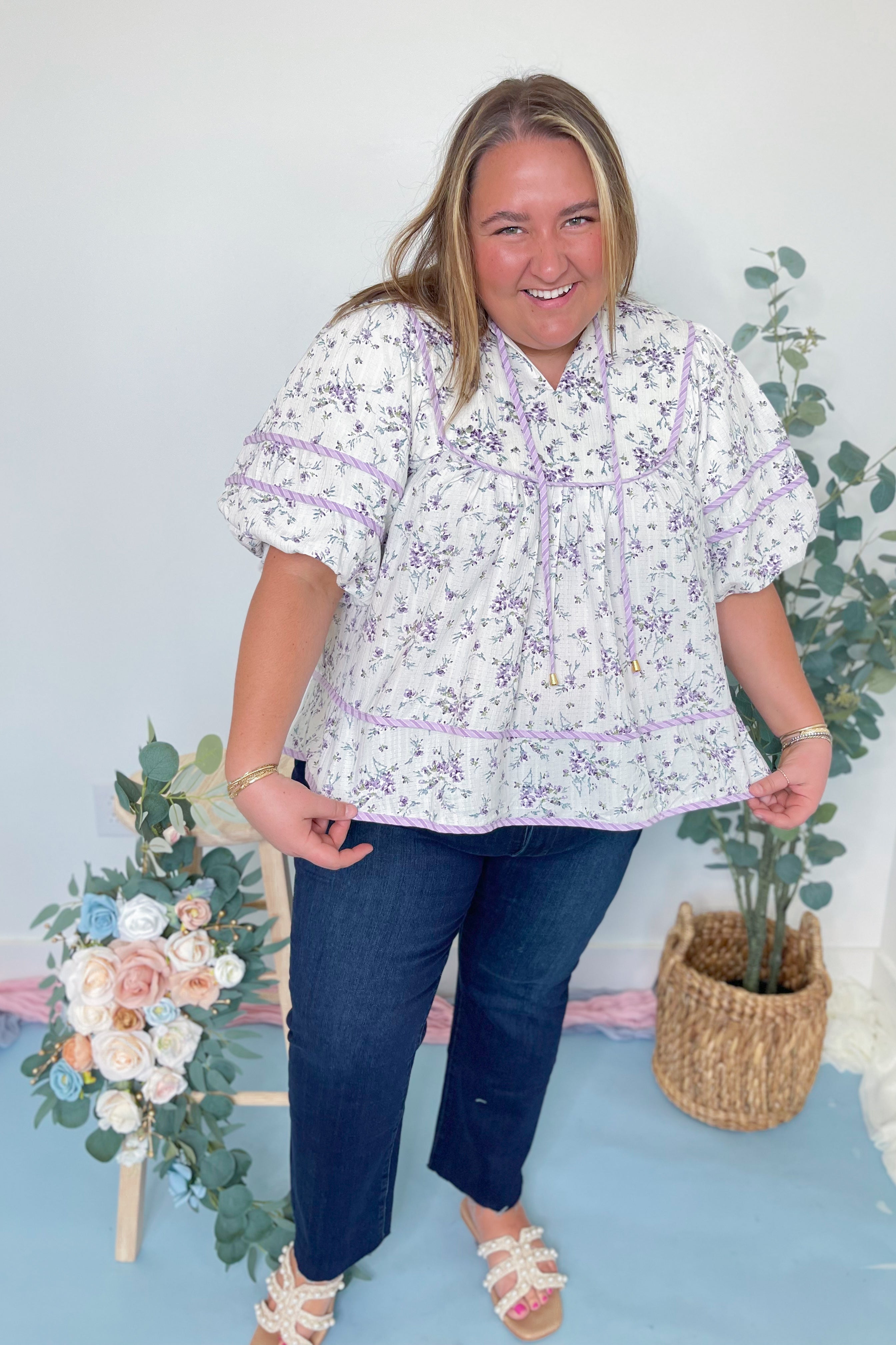 Melissa Floral Solid Trim Top - Be You Boutique
