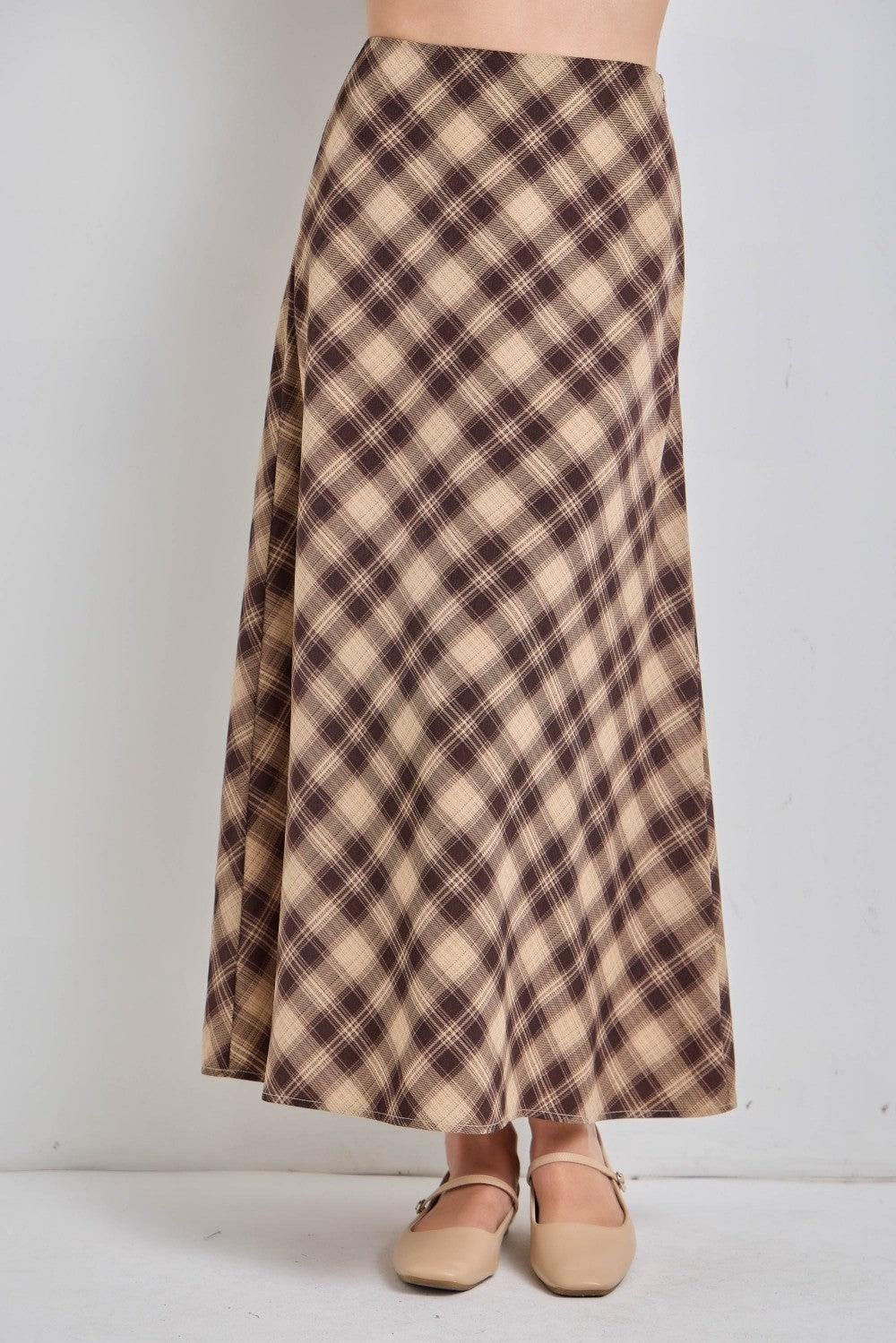 Lucy Coffee plaid midi skirt by BAEVELY featuring a stylish checkered pattern and a mid-length design, perfect for casual or office wear.