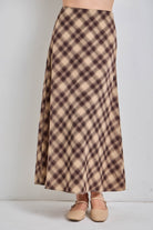Lucy Coffee plaid midi skirt by BAEVELY featuring a stylish checkered pattern and a mid-length design, perfect for casual or office wear.