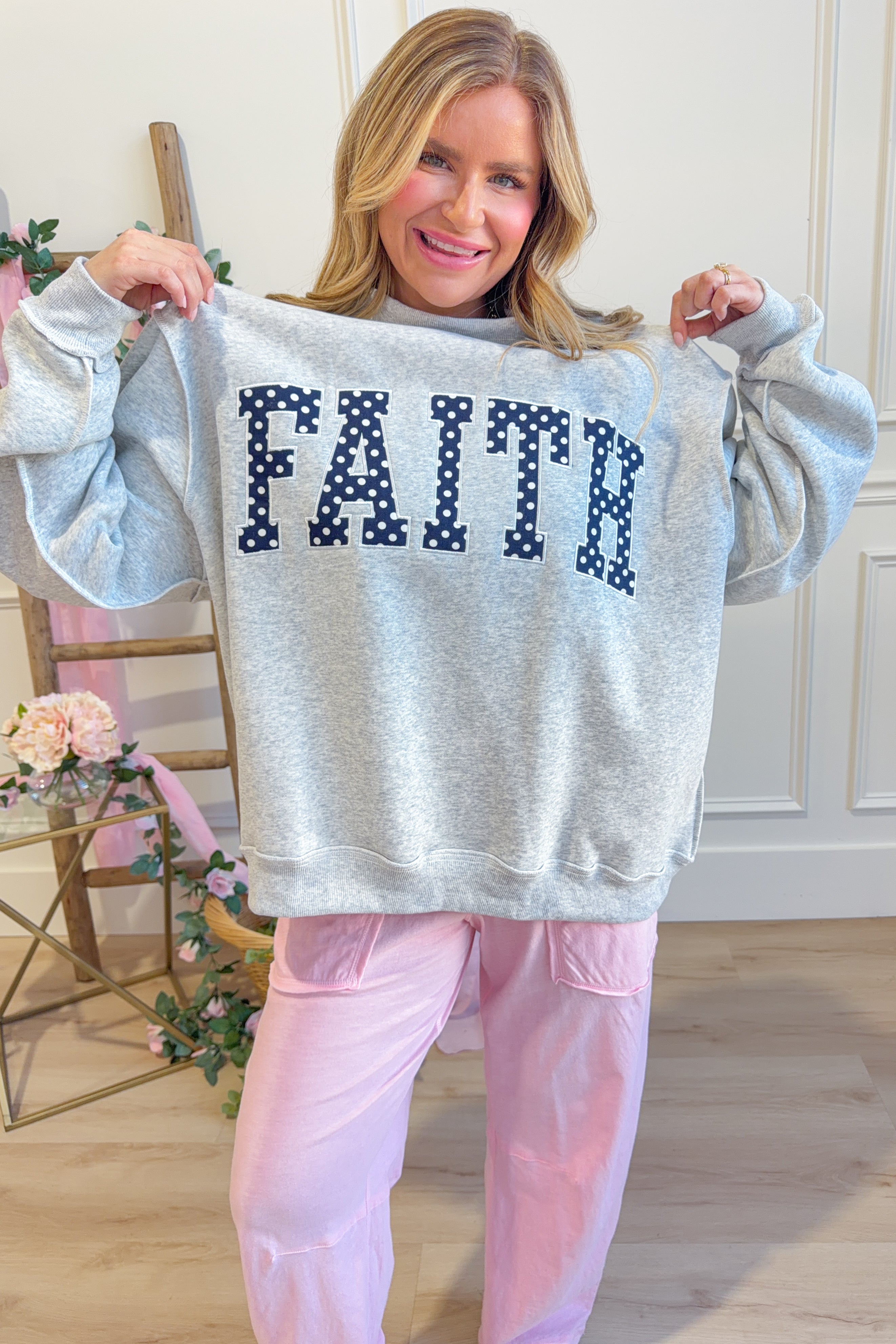 Faith Polka Dot Mock Embroidered Sweatshirt - Be You Boutique