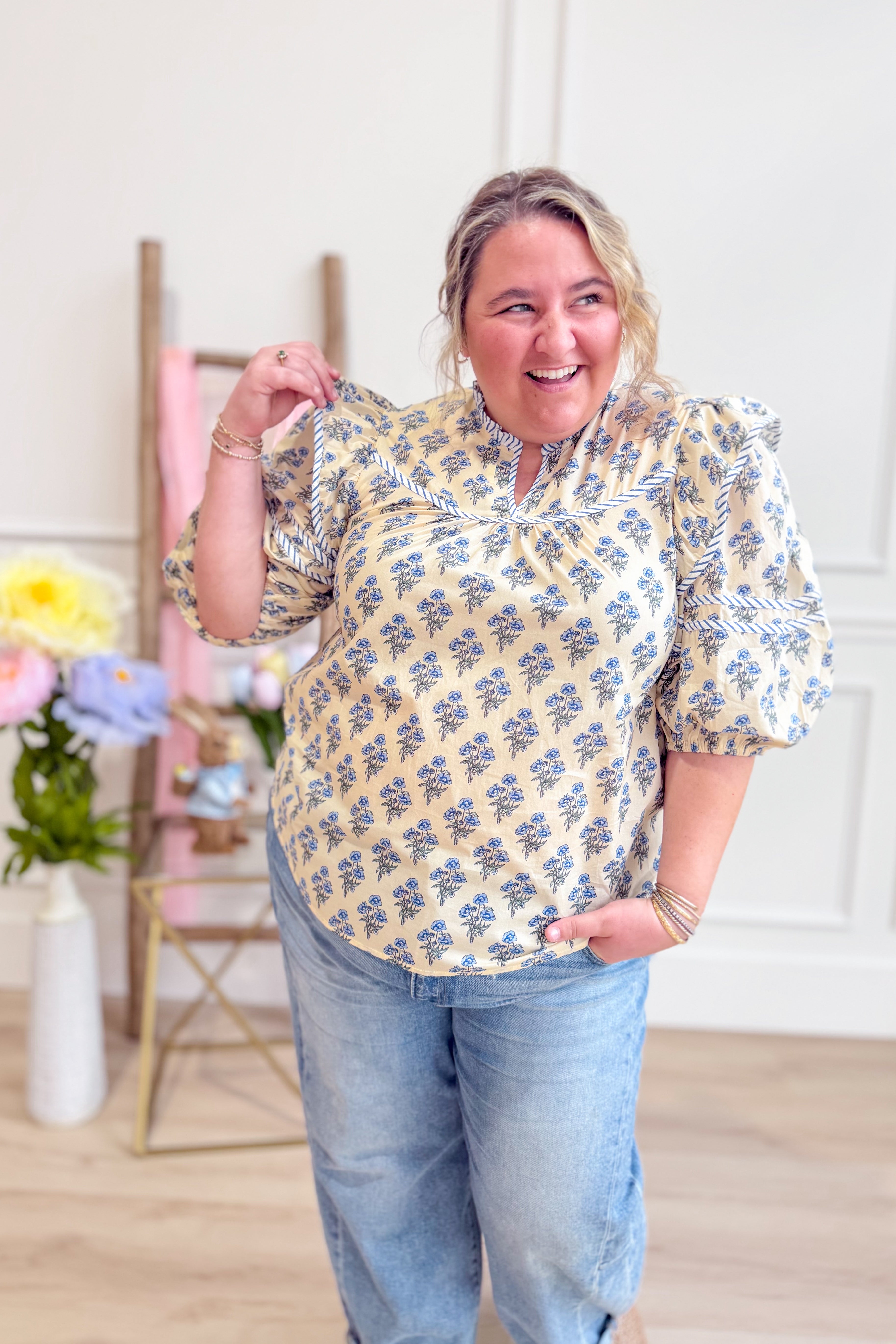 Eleanor Striped Contrasted Trim Floral Top - Be You Boutique