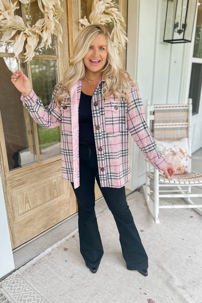 Jerry Long Sleeve Pink Plaid Sequin Shirt Jacket - Be You Boutique