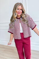 TWENTIFOURTH Morgan Merlot striped short sleeve sweater top, 132 Fall Sweaters, featuring a cozy knit with red and neutral stripes.