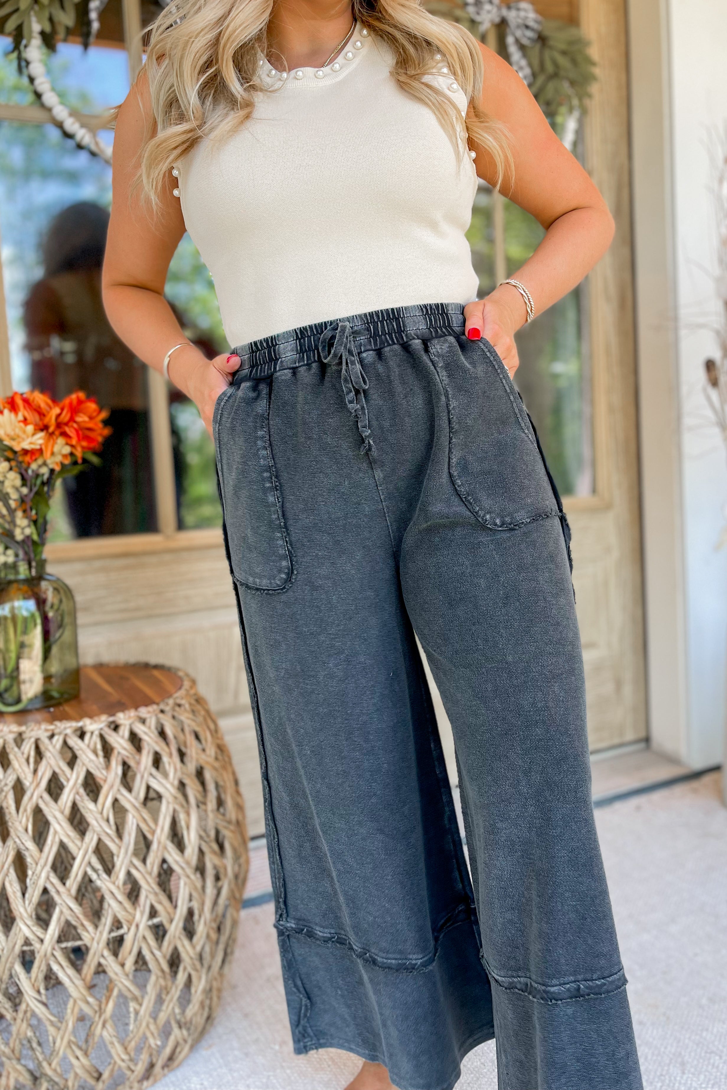 Caris Mineral Washed Upside Down Terry Knit Wide Leg Palazzo Pants - Be You Boutique
