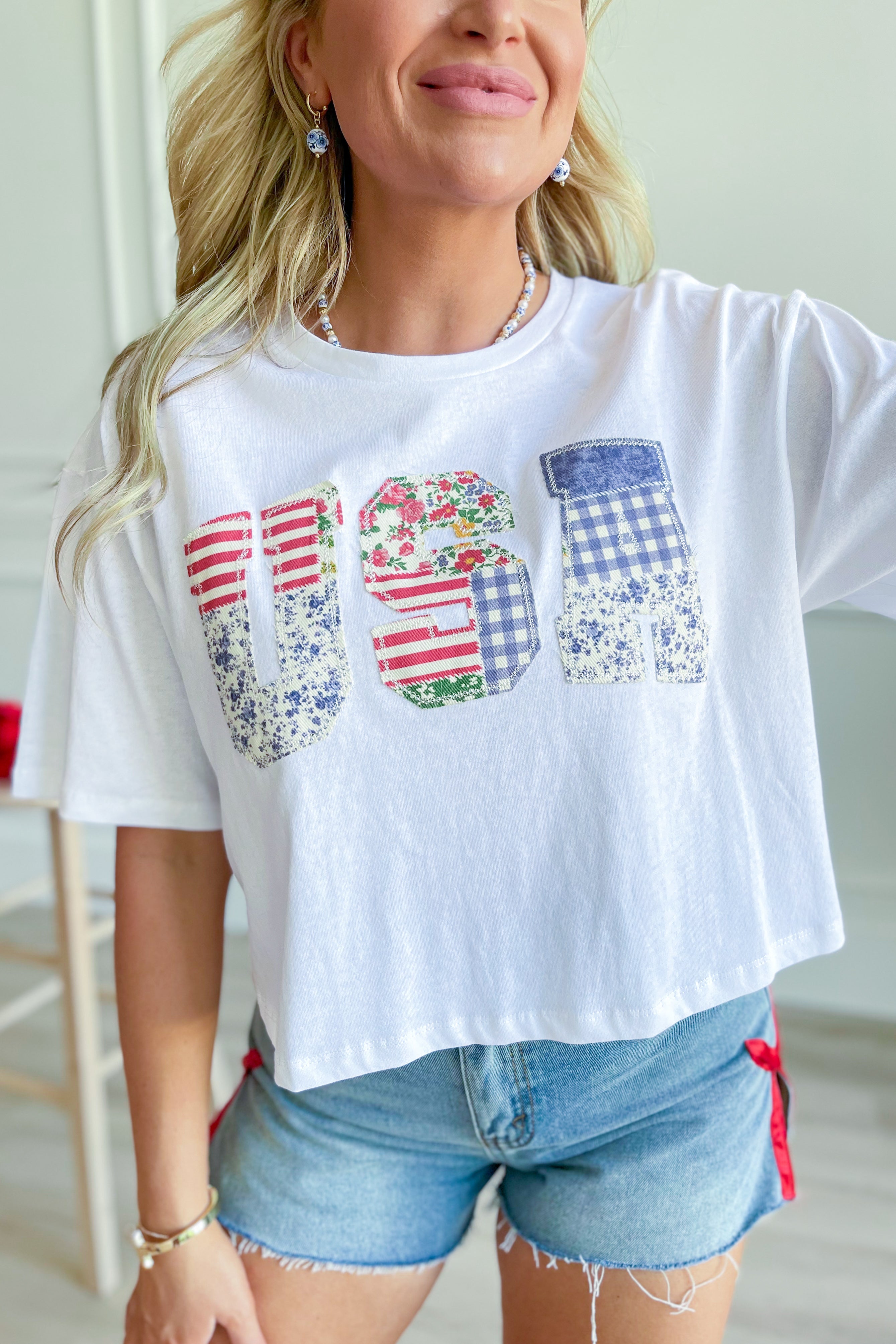 George Mixed Pattern Patched USA Top - Be You Boutique
