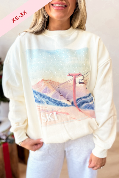 Sunkissed Coconut At The Lodge Ski Embroidered Crewneck Sweatshirt
