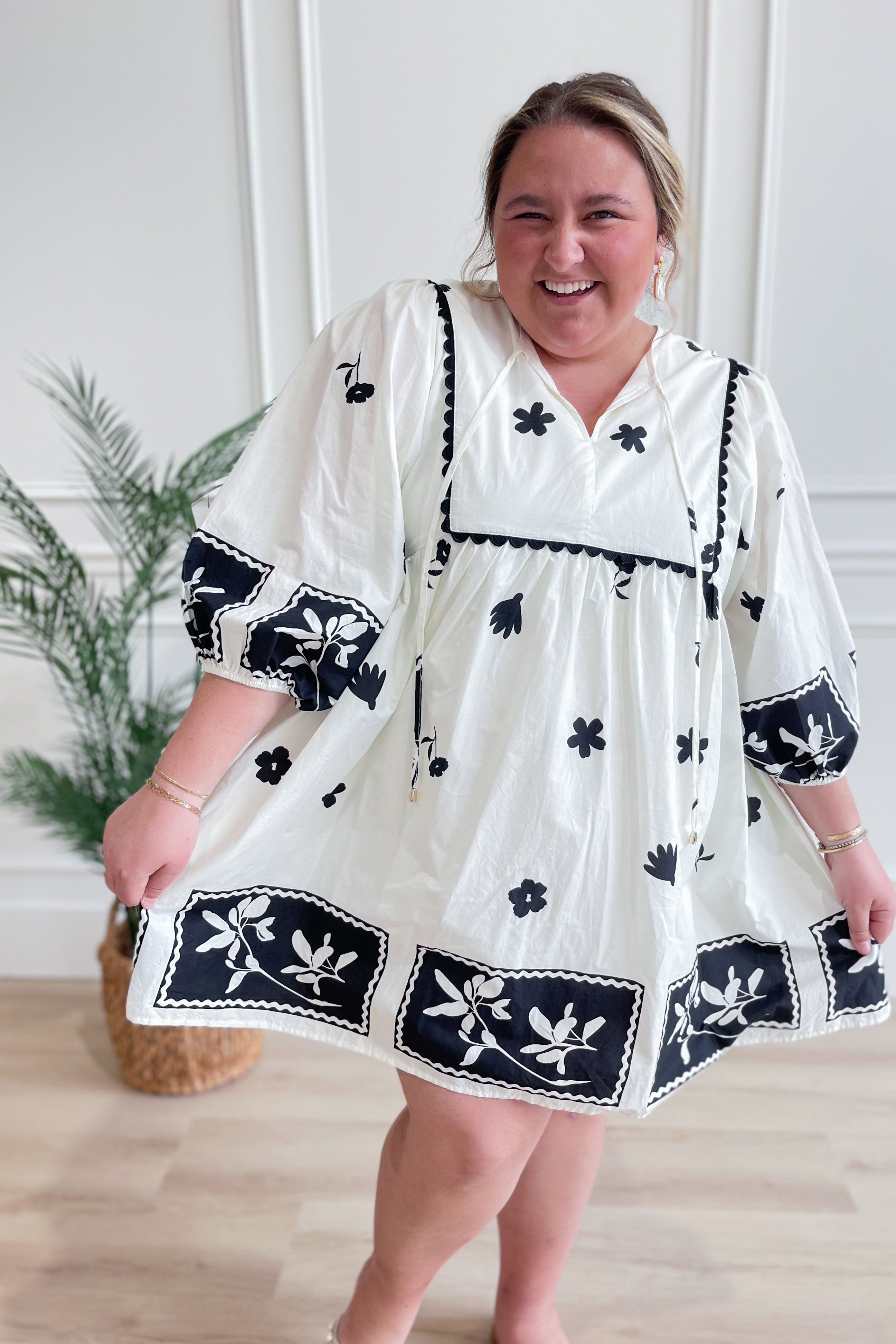 Lyla Floral Stenciled Scalloped Dress - Be You Boutique