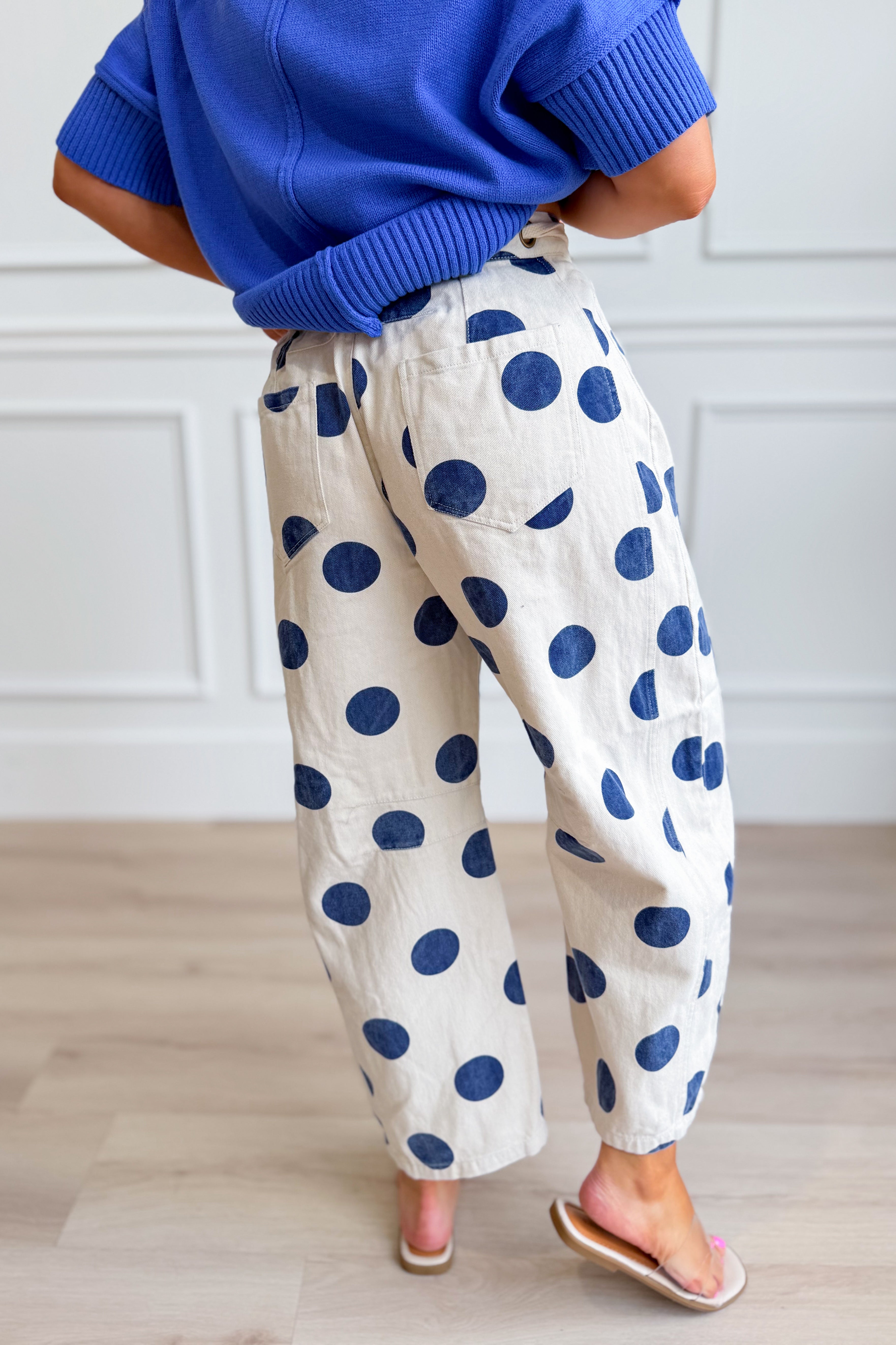PEACH LOVE Logan Polka Dot Barrel Jean in 147 novelty jeans featuring a polka dot pattern and relaxed fit.
