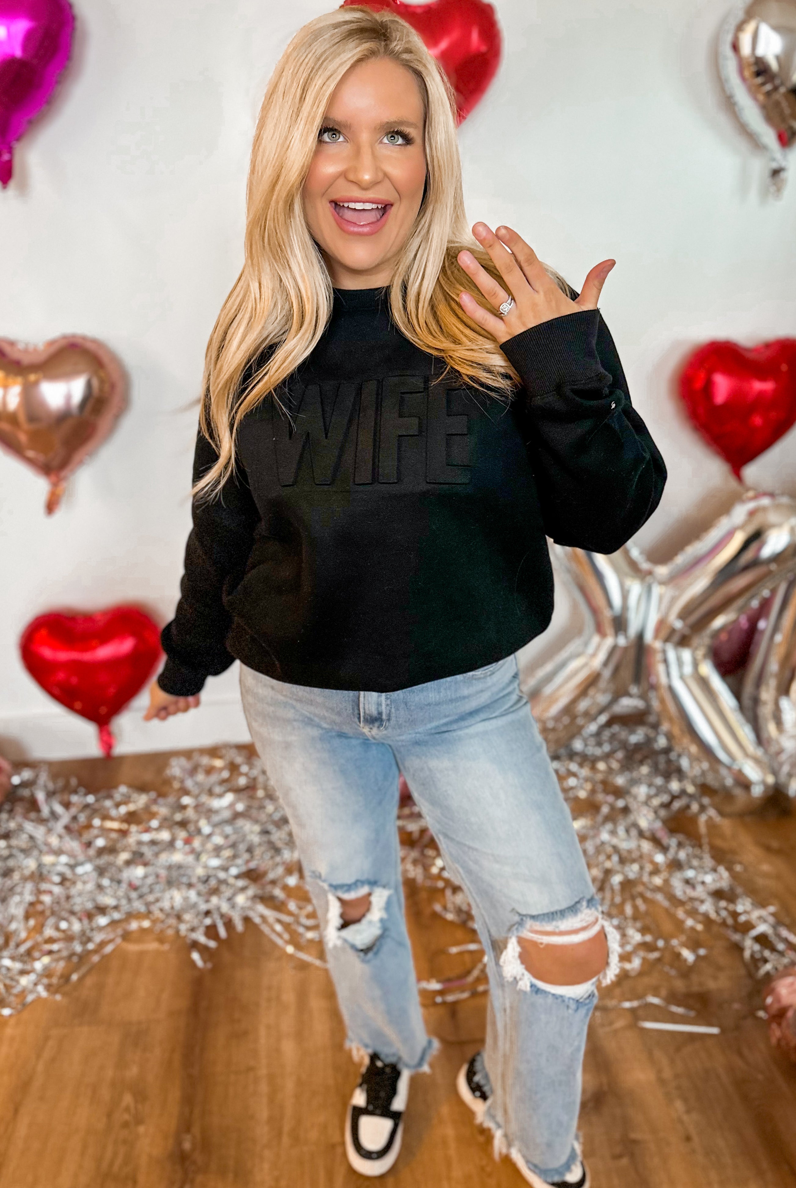 Valentines WIFE Embossed Long Sleeve Sweatshirt - Be You Boutique