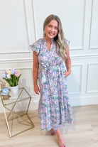 ENTRO Owen floral printed tie waist midi dress, stylish dressy dress with a flowy midi length and vibrant floral pattern.