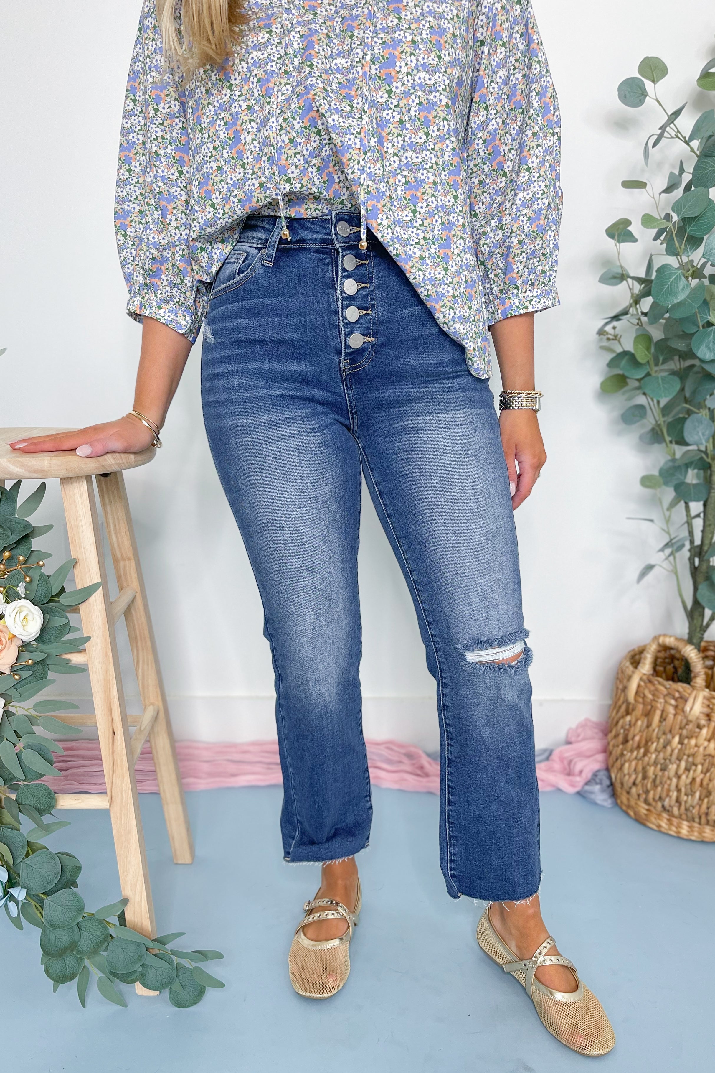 Risen James High Rise Crop Straight Button Down Distressed Denim Jeans [1-3XL] - Be You Boutique