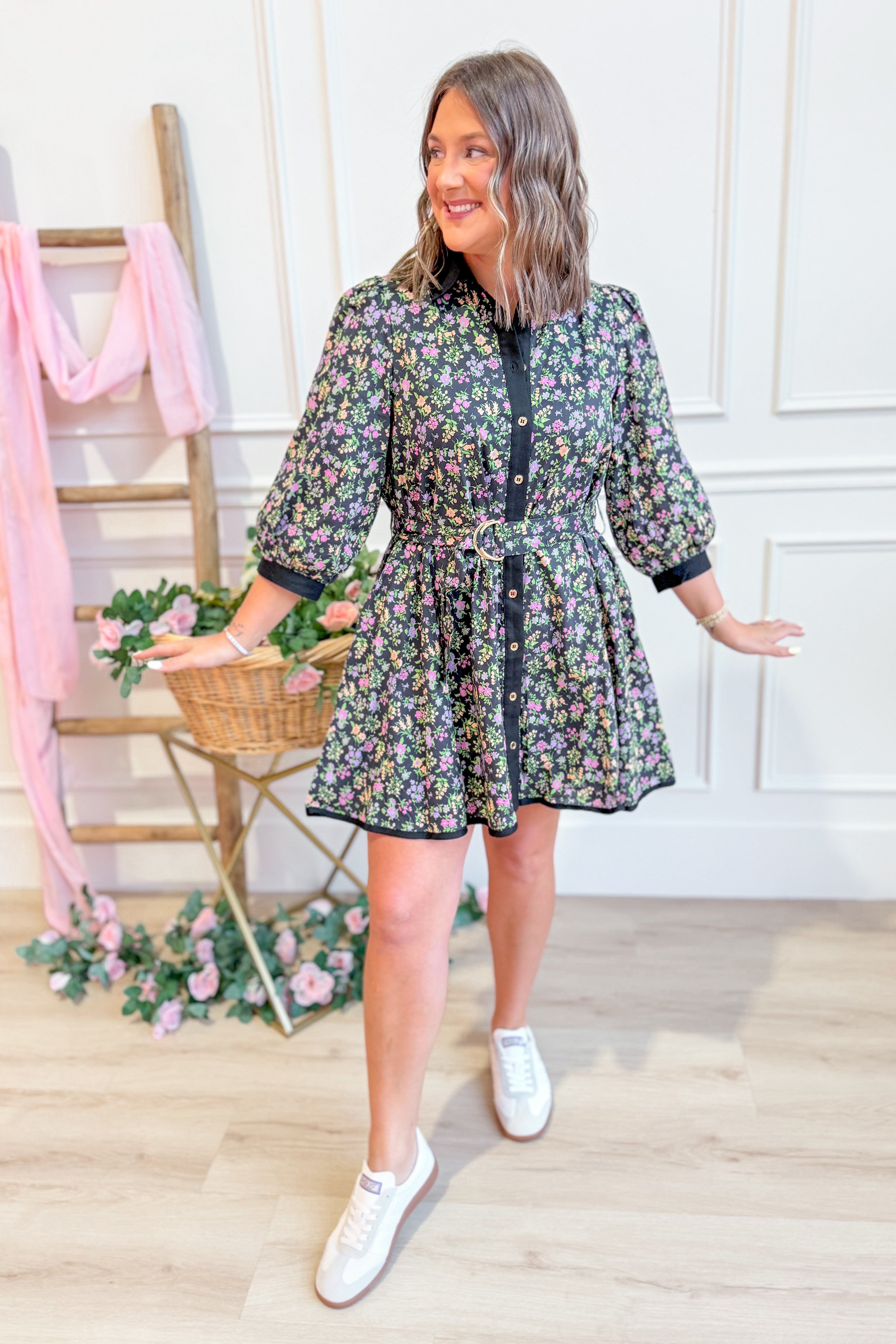 Court Belt Buckle Flower Printed Dress - Be You Boutique