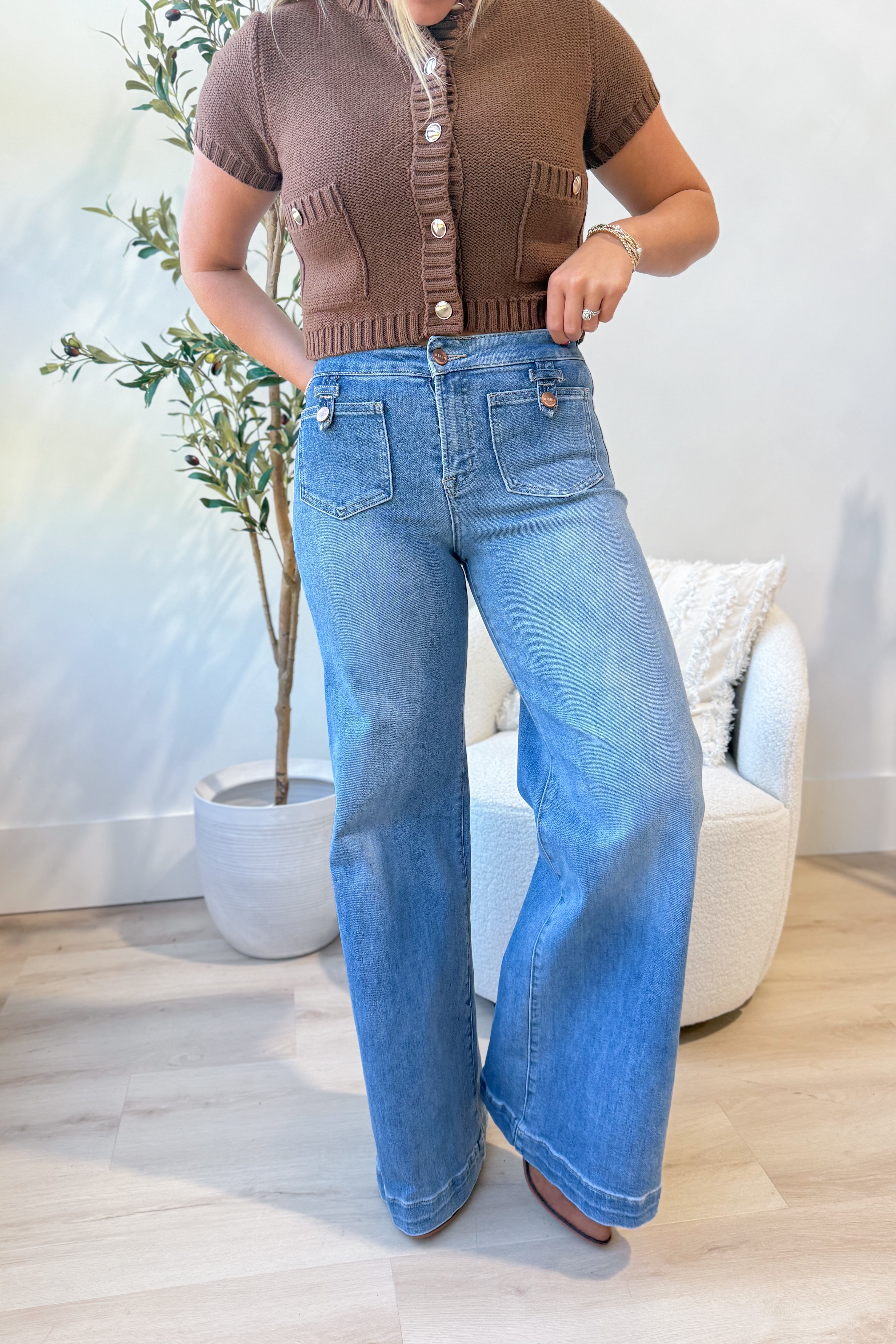 Risen Jared Mid Rise Patch Pocket Wide Leg Jeans [0-3X] - Be You Boutique