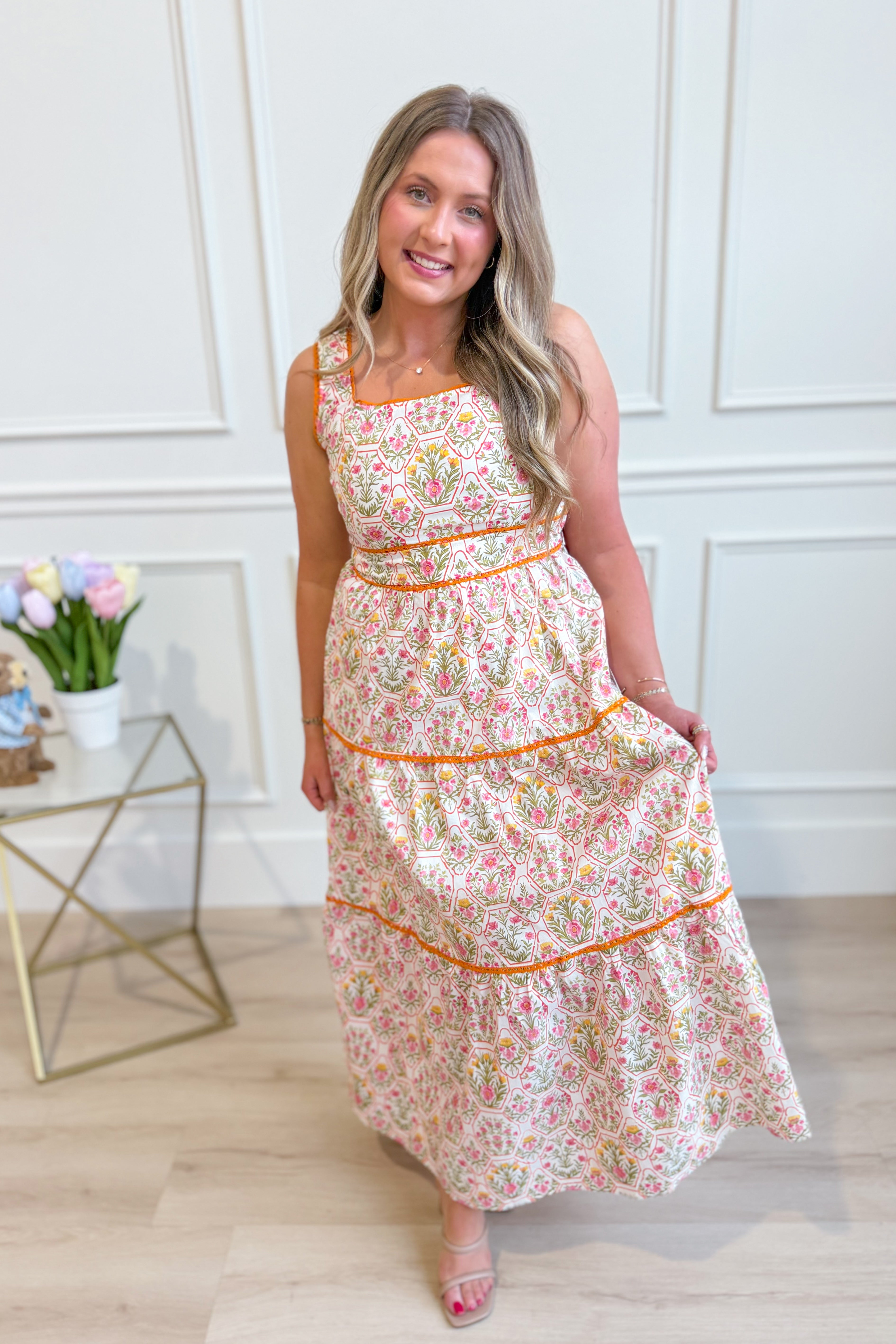 IN LOOM Miracle Cotton floral square neck maxi dress featuring a flowy silhouette and vibrant floral print.