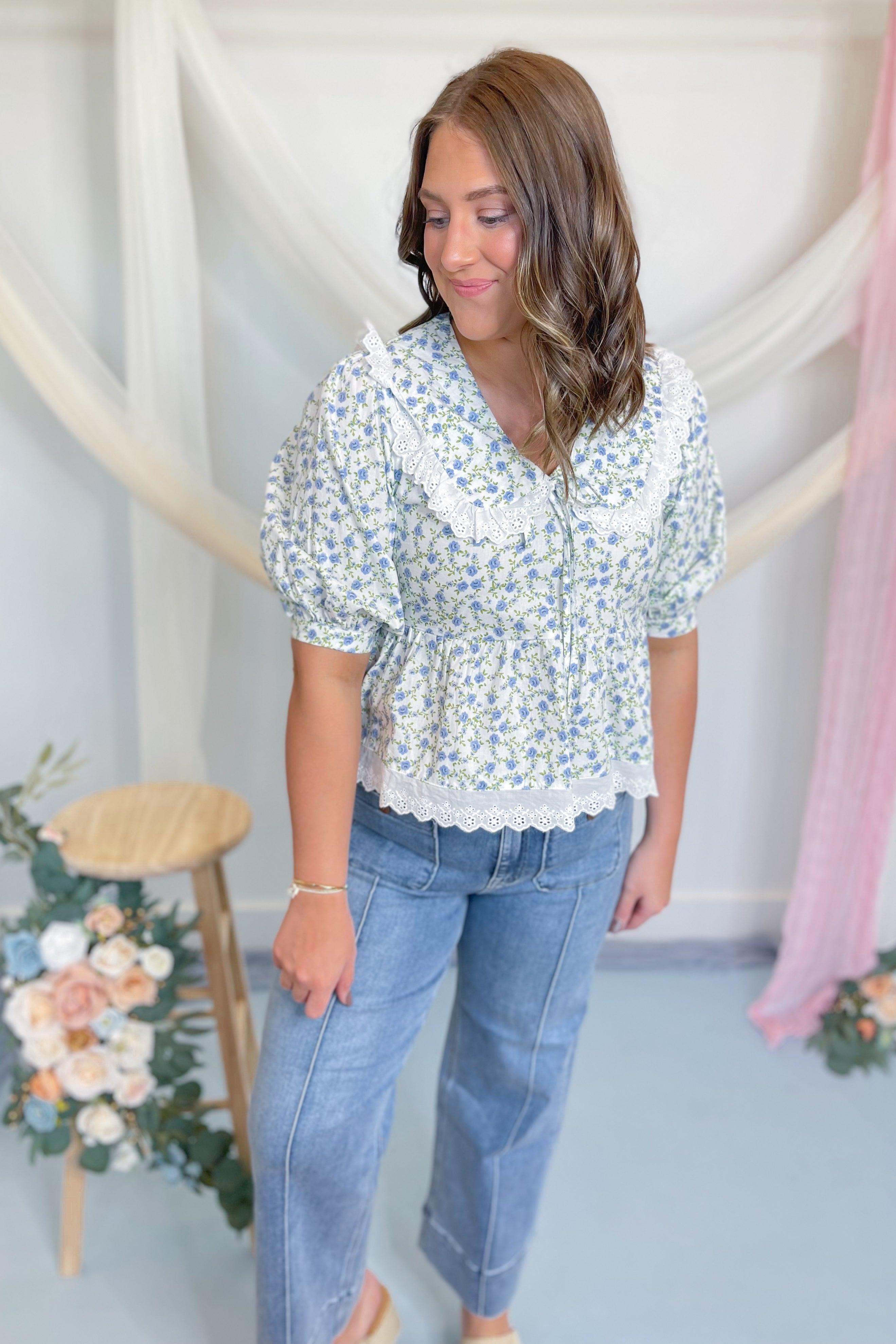 Cayden Lace Trim Collared Floral Top - Be You Boutique