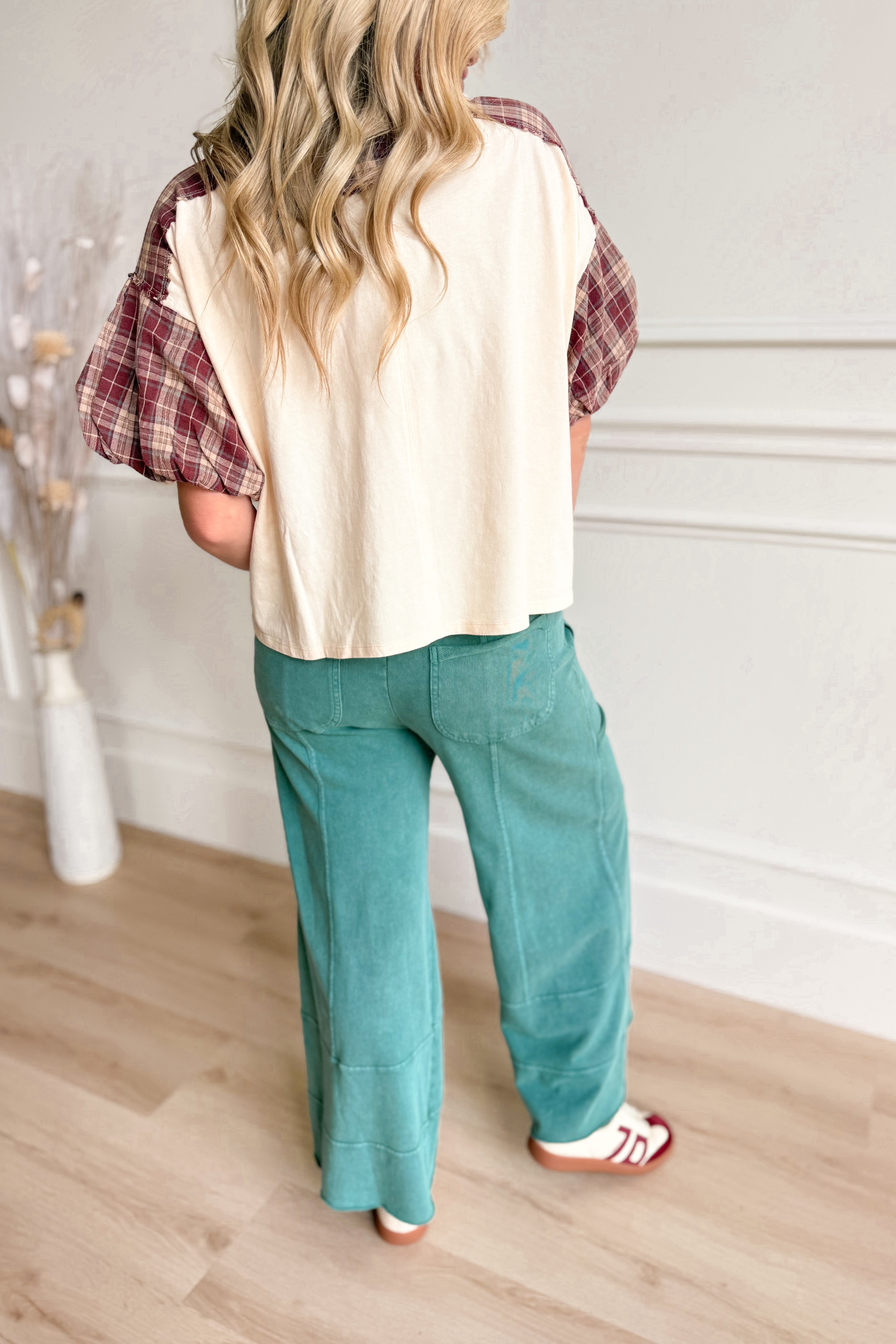 Callie Mineral Wash Plaid Puff Sleeve Top - Be You Boutique