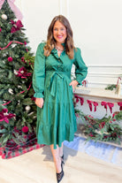 JODIFL Angela Hunter green ruffle trim tie waist dress, sleeveless with elegant ruffle details, perfect for dressy occasions