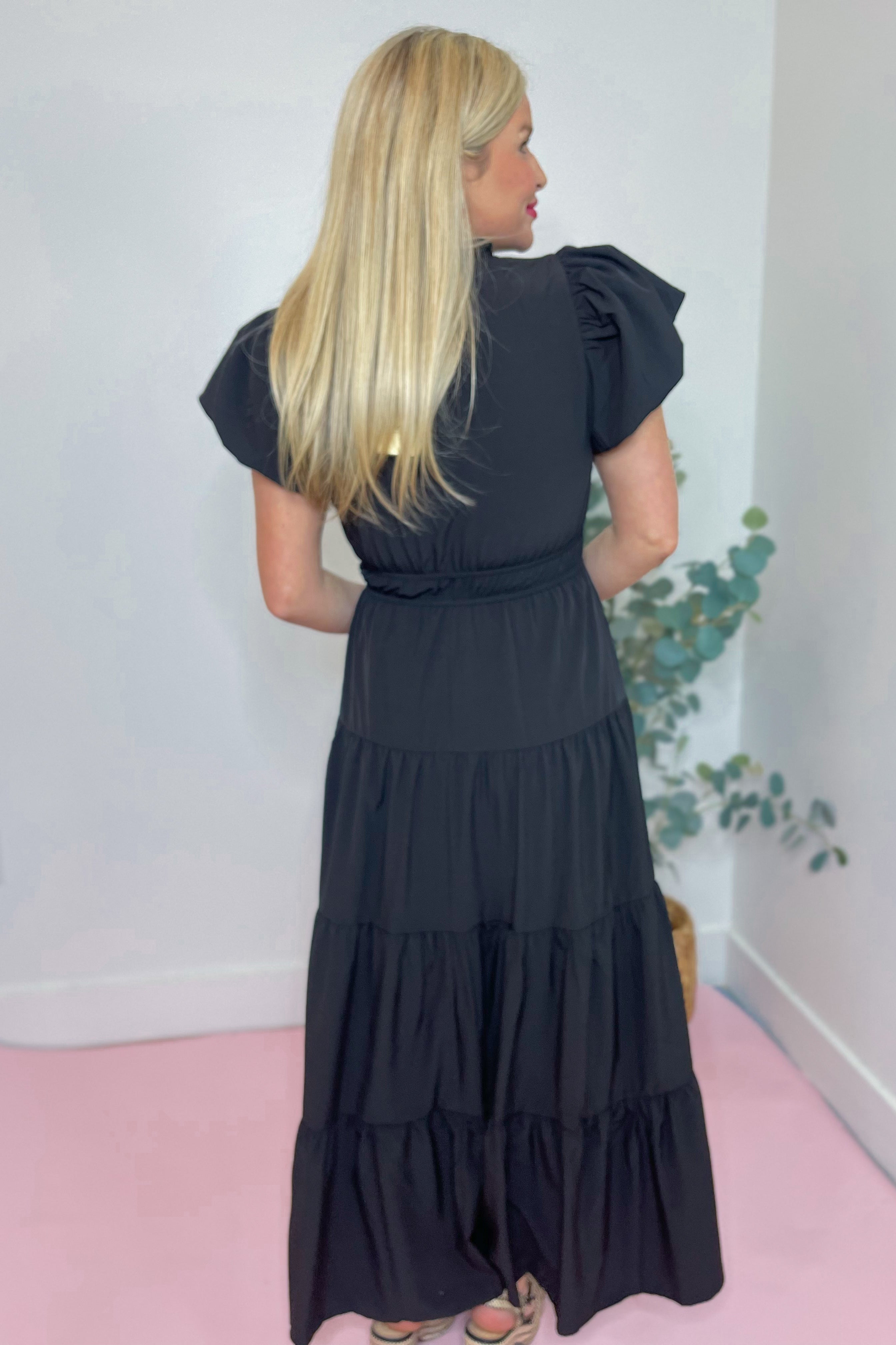 Martina V Neck Bubble Sleeve Tiered Midi Dress - Be You Boutique