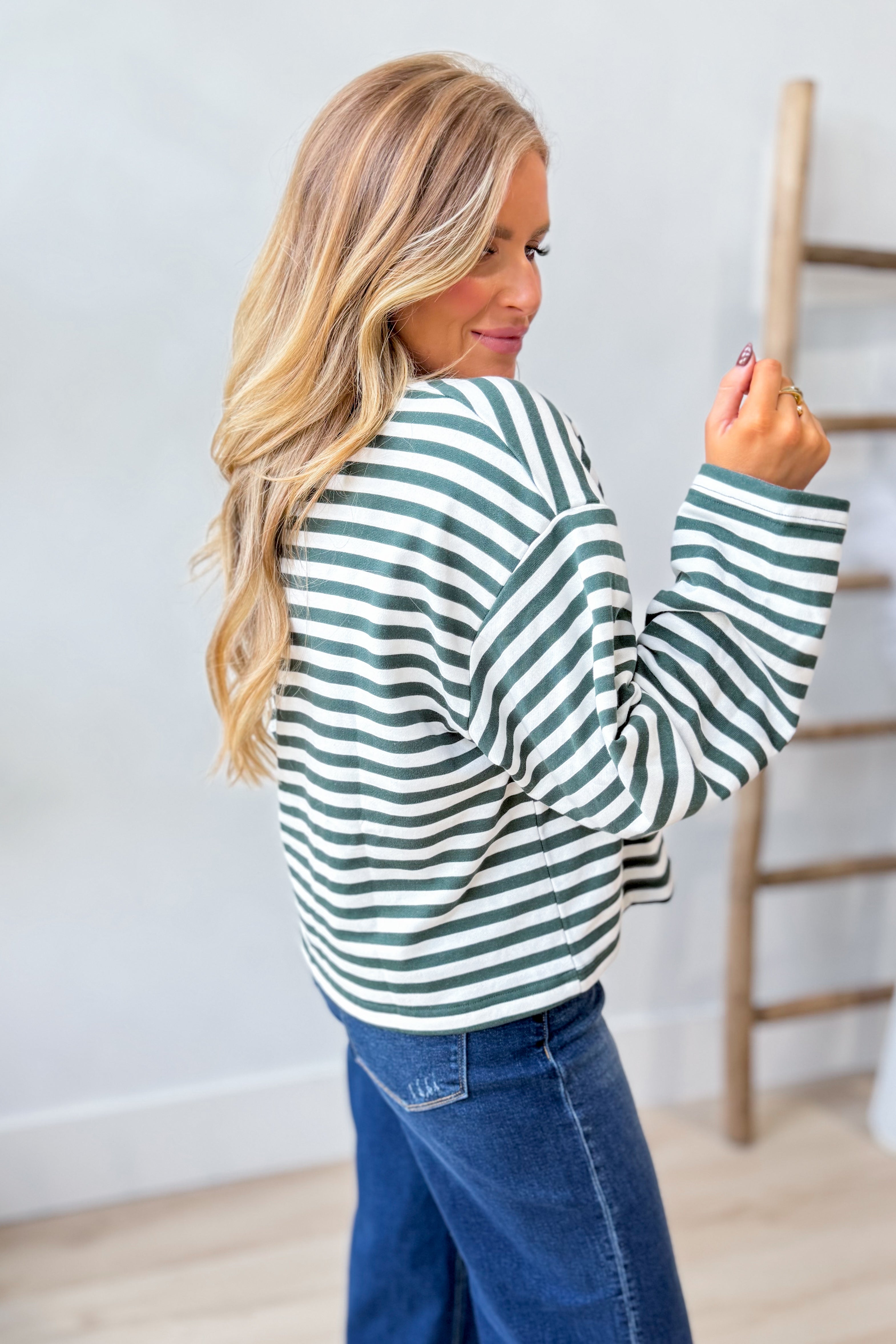 BLU PEPPER Timmy Hunter green long sleeve color block casual top with contrasting panels, perfect for everyday wear.