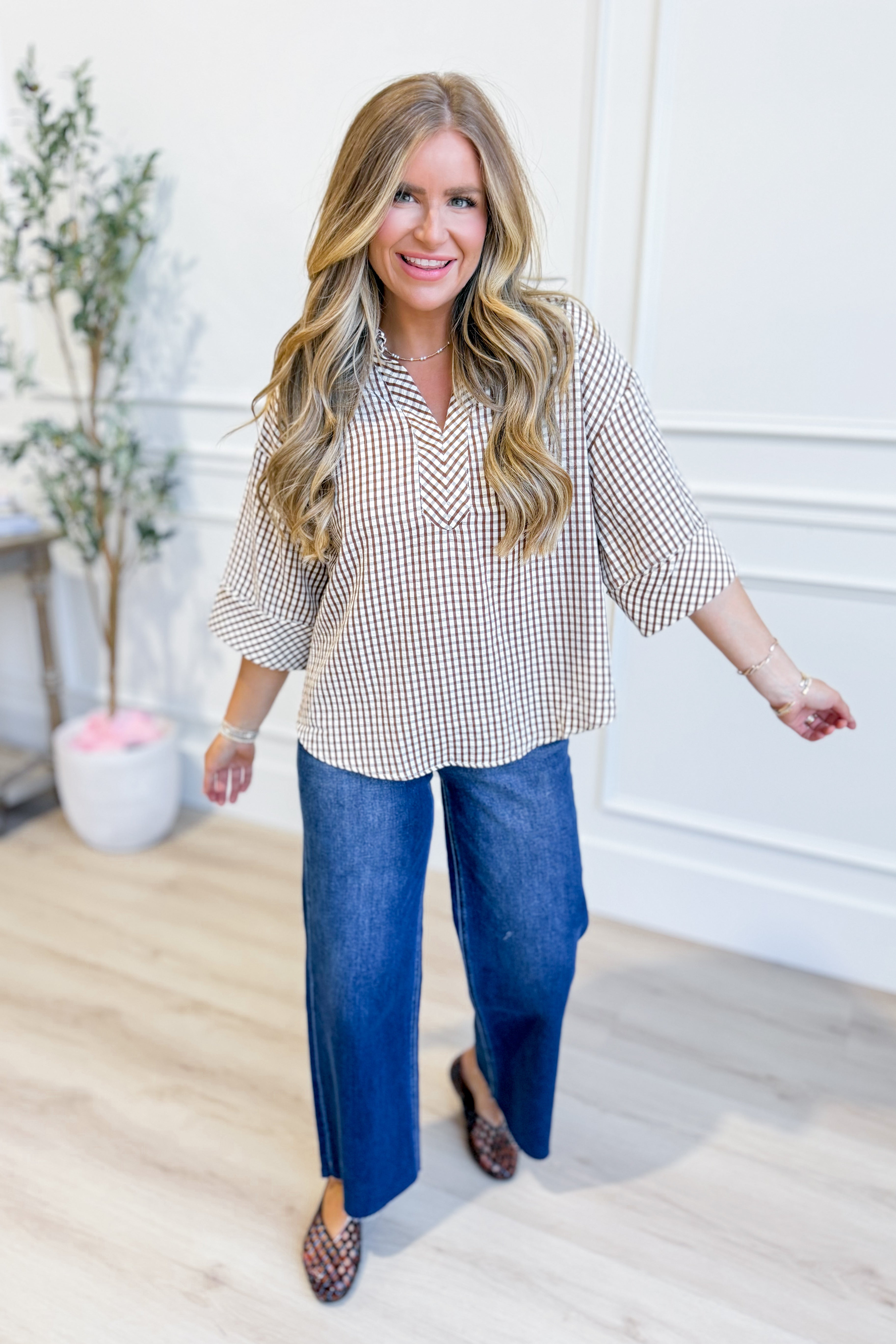 ENTRO Annie Gingham V-Neck Top, a stylish dressy top with gingham pattern, featuring a V-neck and elegant design.