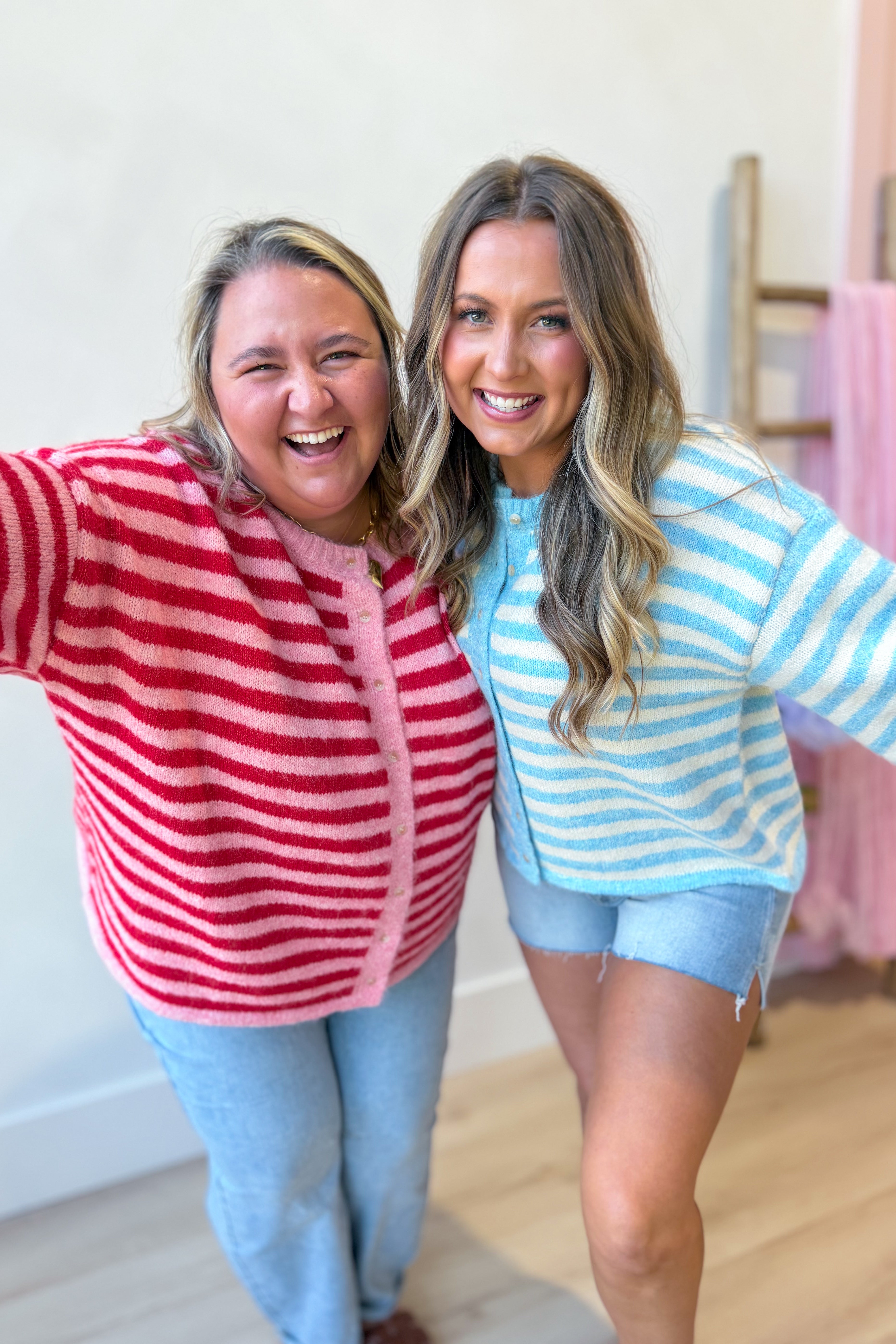 Pink striped button-down cardigan top by BAEVELY, featuring a lightweight spring sweater design with a classic fit.